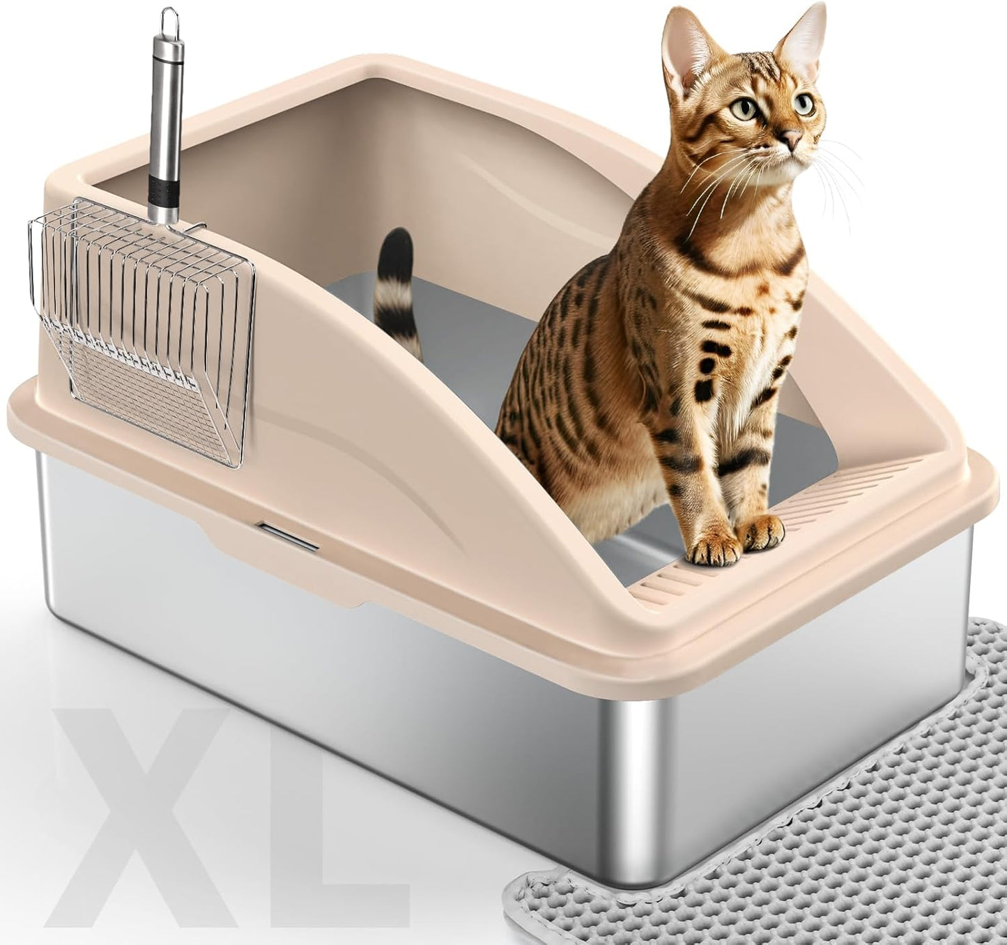 Stainless Steel Cat Litter Box, Extra Large Litter Boxes for Big Cats, Anti-Urine Leakage XL Litter Box with High Sides, Xlarge Metal Litter Box with Lid, Easy Clean, Non-Sticky, Cat Mat & Metal Scoop