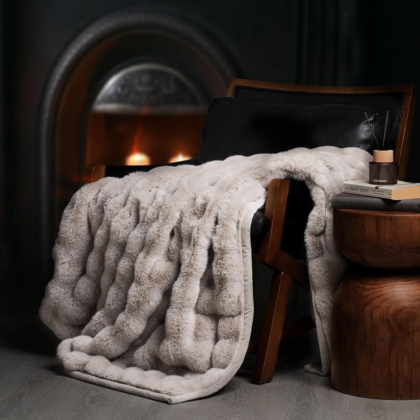 Ultra Soft Luxury Fluffy Ridgeline Faux Rabbit Fur Throw Blanket, Thick Warm Bubble Throw for Bed, Cozy Plush Reversible Blankets for Couch, Chair, Sofa, Ivory White, 60x80 Inches, 870 GSM