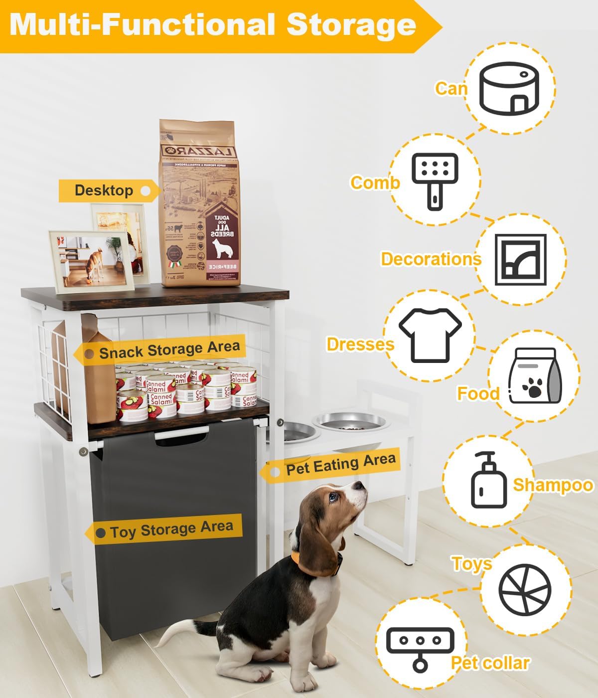 Elevated Dog Bowls Dog Toy Basket Pet Feeding Station, Adjustable Dog Raised Bowl Stand with Pet Storage Organizer for Large Medium Small Dogs and Cats, White (Include 2 Food Bowls)
