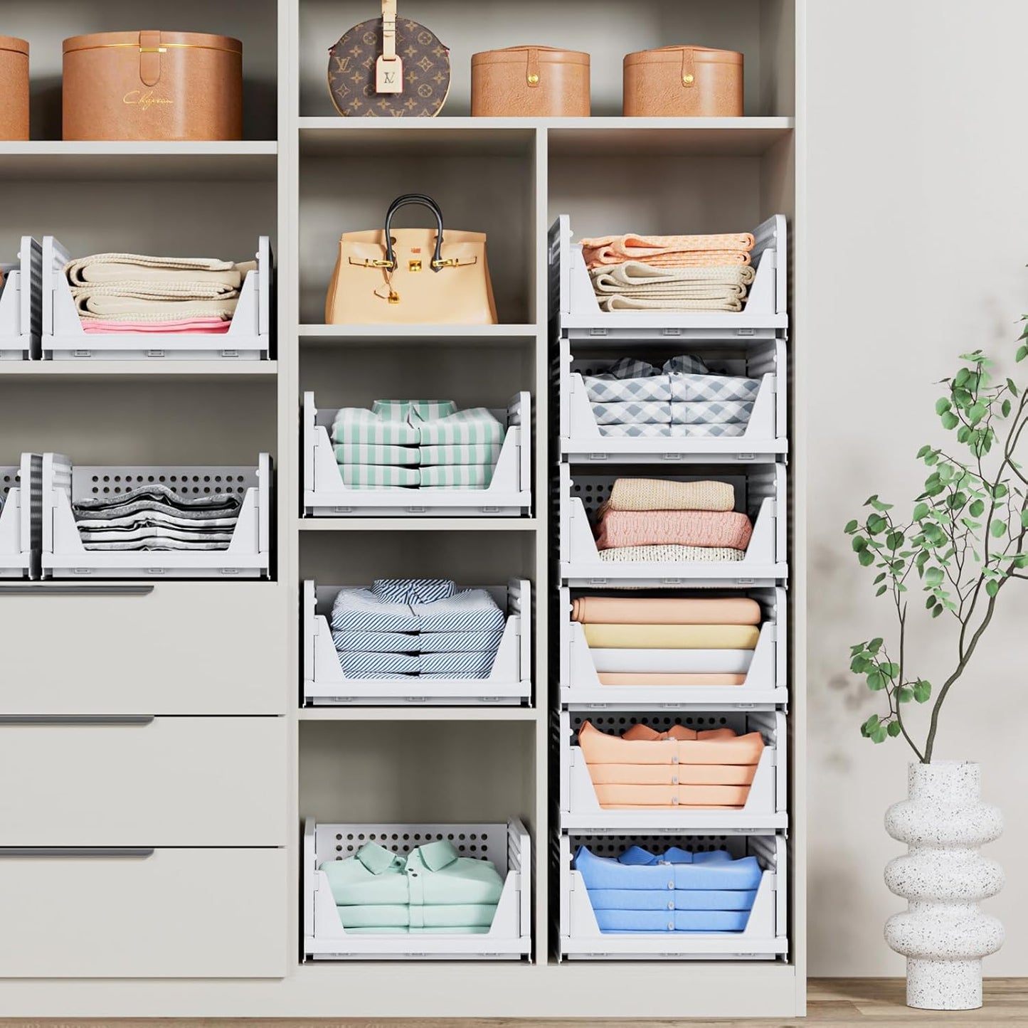 5 Pack Folding Closet Organizers Storage Box, Stackable Plastic Storage Basket, Closet Organizers and Storage Drawer Shelf Storage, Storage Container for Cupboard Kitchen Bathroom, White