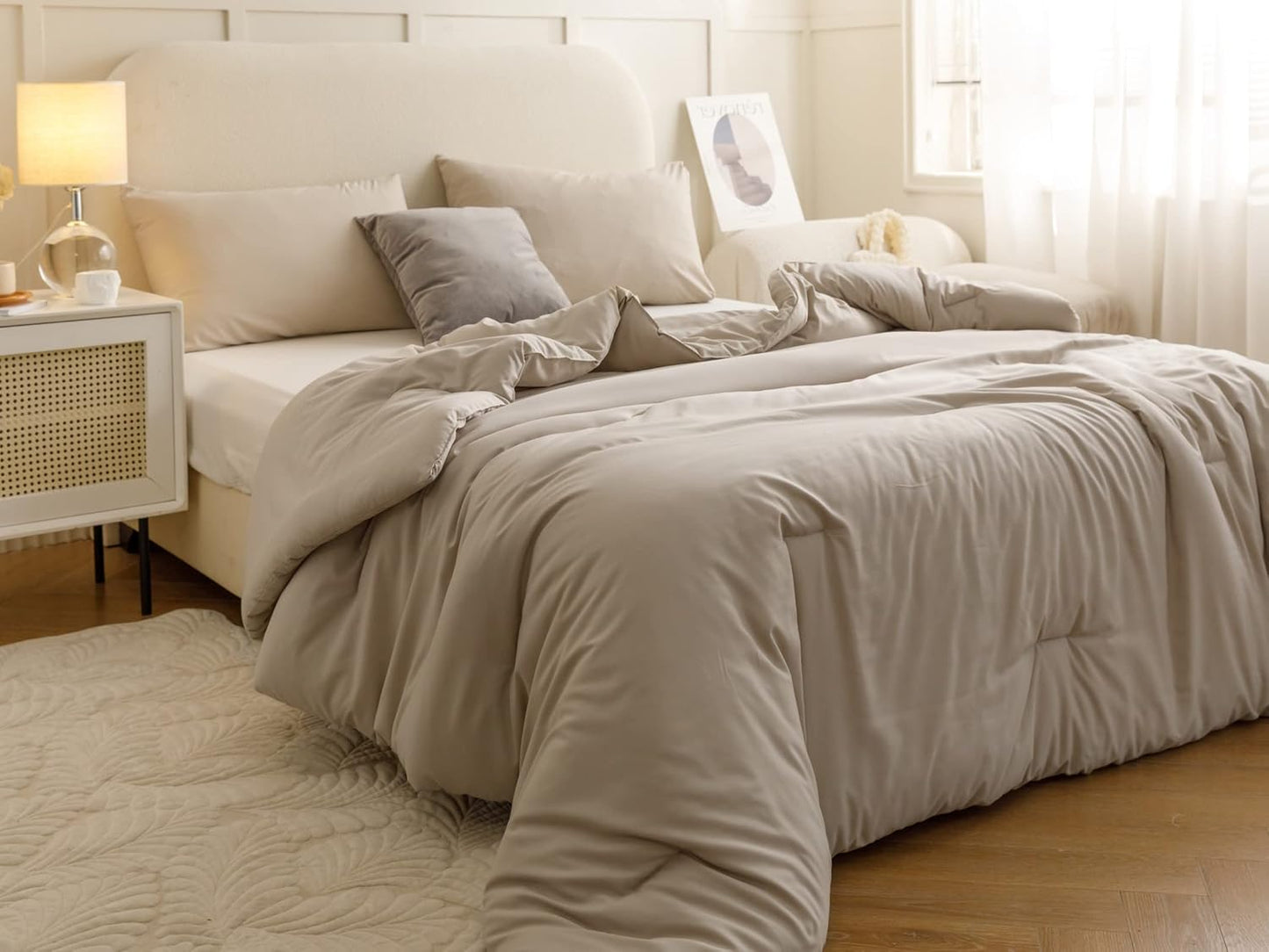 Queen Comforter Set Oatmeal, 3pcs(1 Boho Oatmeal Comforter & 2 Pillowcases) All Season Soft Bedding Lightweight Bedspread Blanket Quilt