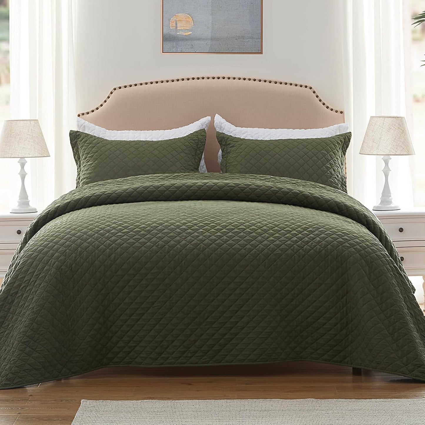 Quilt Set King Olive Green Lightweight Bedspread Soft Reversible Coverlet for All Season 3pcs Army Green Diamond Quilted Bedding Sets (1 Quilt 2 Pillow Shams)(106"x96")