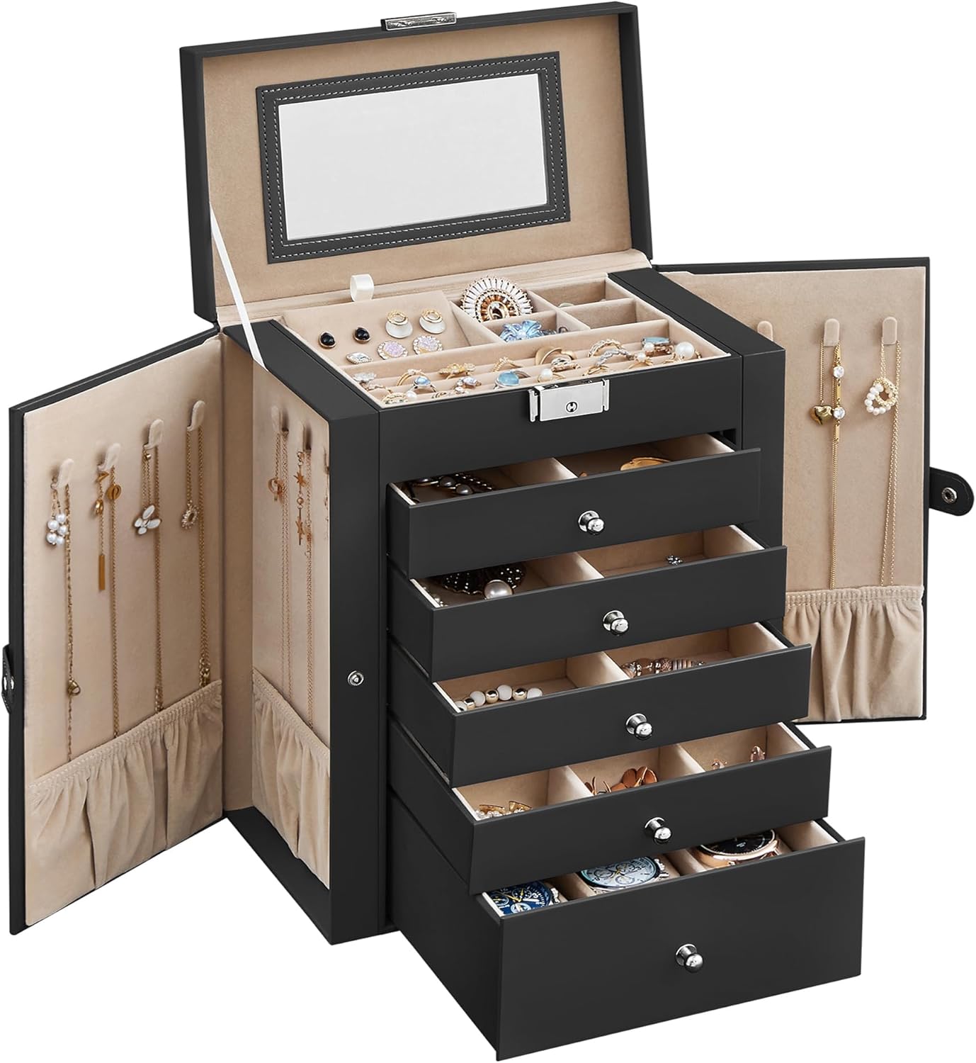 6 Tier Jewelry Box, Jewelry Storage Organizer with 5 Drawers, Large Storage Capacity, with Mirror, Lockable, Jewelry Case, Gift for Loved Ones, For Watches, Black UJBC152B01