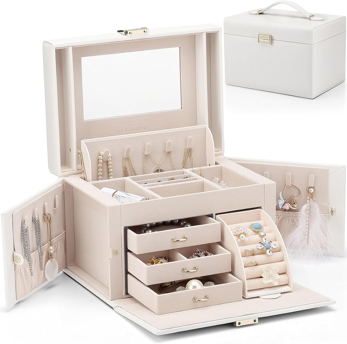 Jewelry Box Organizer for Girls Women, Large Jewelry Holder Organizer with Mirror, 3 Drawers for Bracelets, Earrings, Rings, Necklaces, Mothers Day Gifts for Loved One, Apricot White