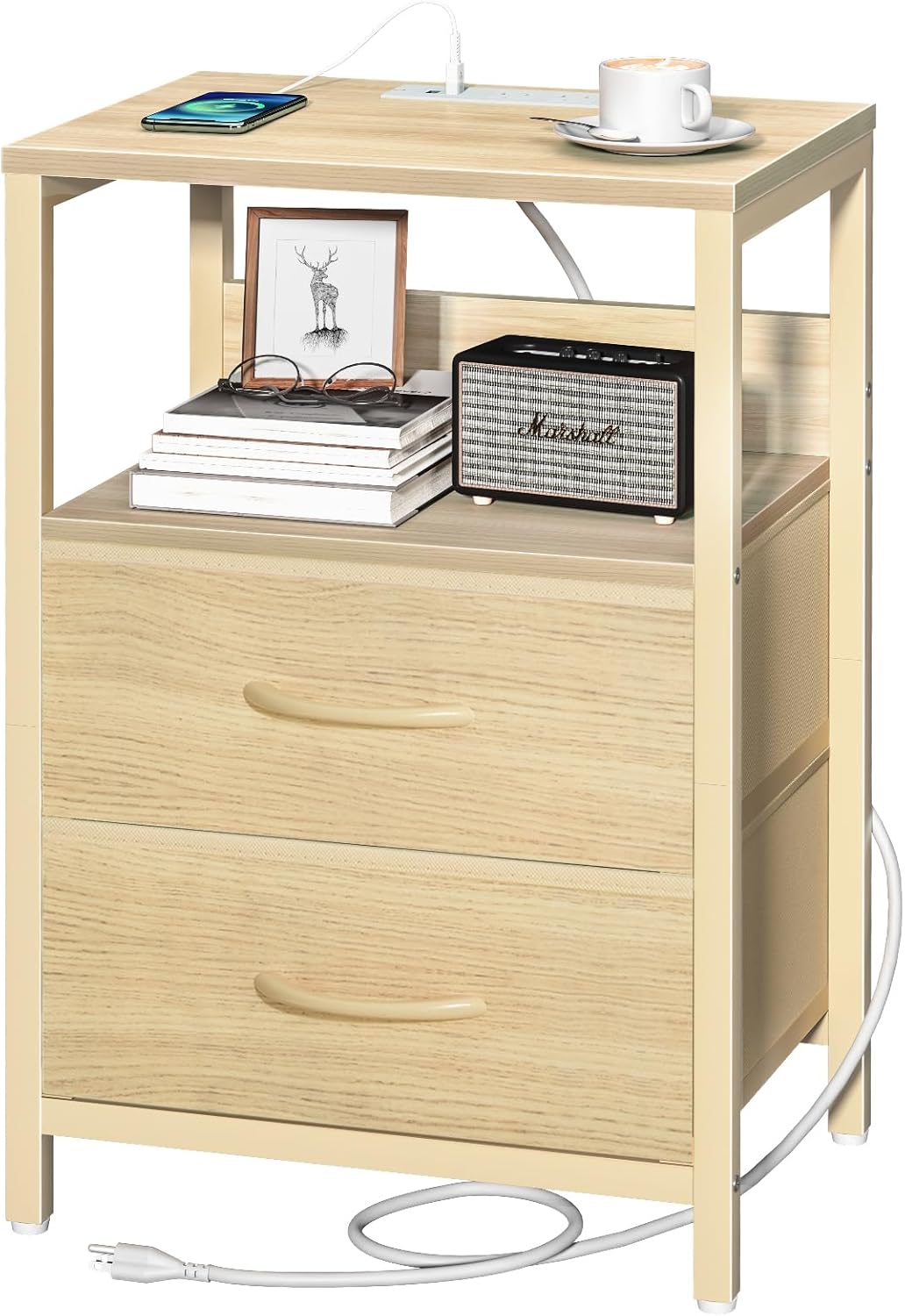 Nightstand with Charging Station, Small Night Stand with Fabric Drawers and Storage Shelf for Bedrooms, Small Spaces, Bedside Table with USB Ports & Outlets