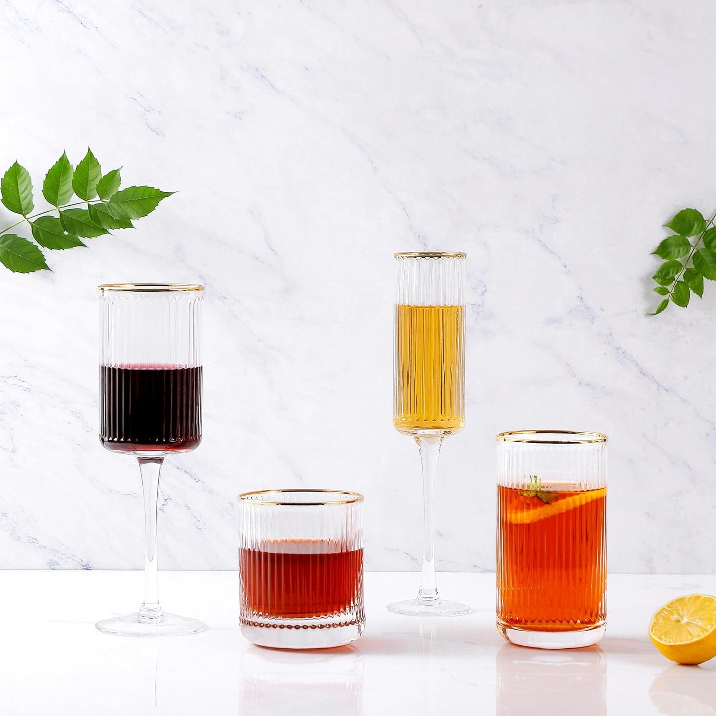 Stemless Wine Glasses Set of 4 - Premium Hand Blown Drinking Glasses for White and Red Wine - Elegant Wide Vertical Stripe and Gold Rim Design - Clear 11.8oz