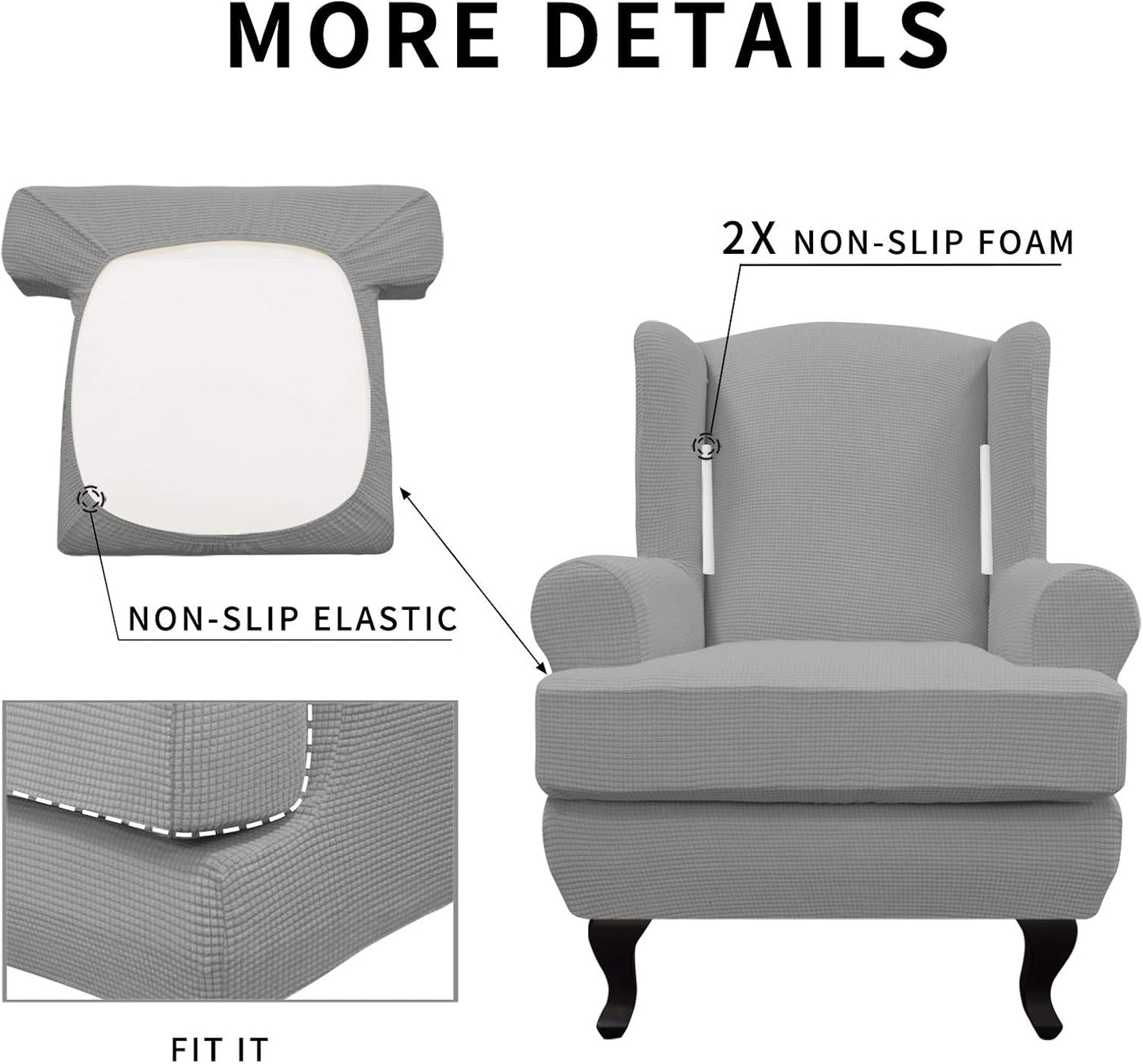 Stretch Wingback Chair Sofa Slipcover 2-Piece Sofa Cover Furniture Protector Couch Soft with Elastic Bottom, Spandex Jacquard Fabric Small Checks, Light Gray