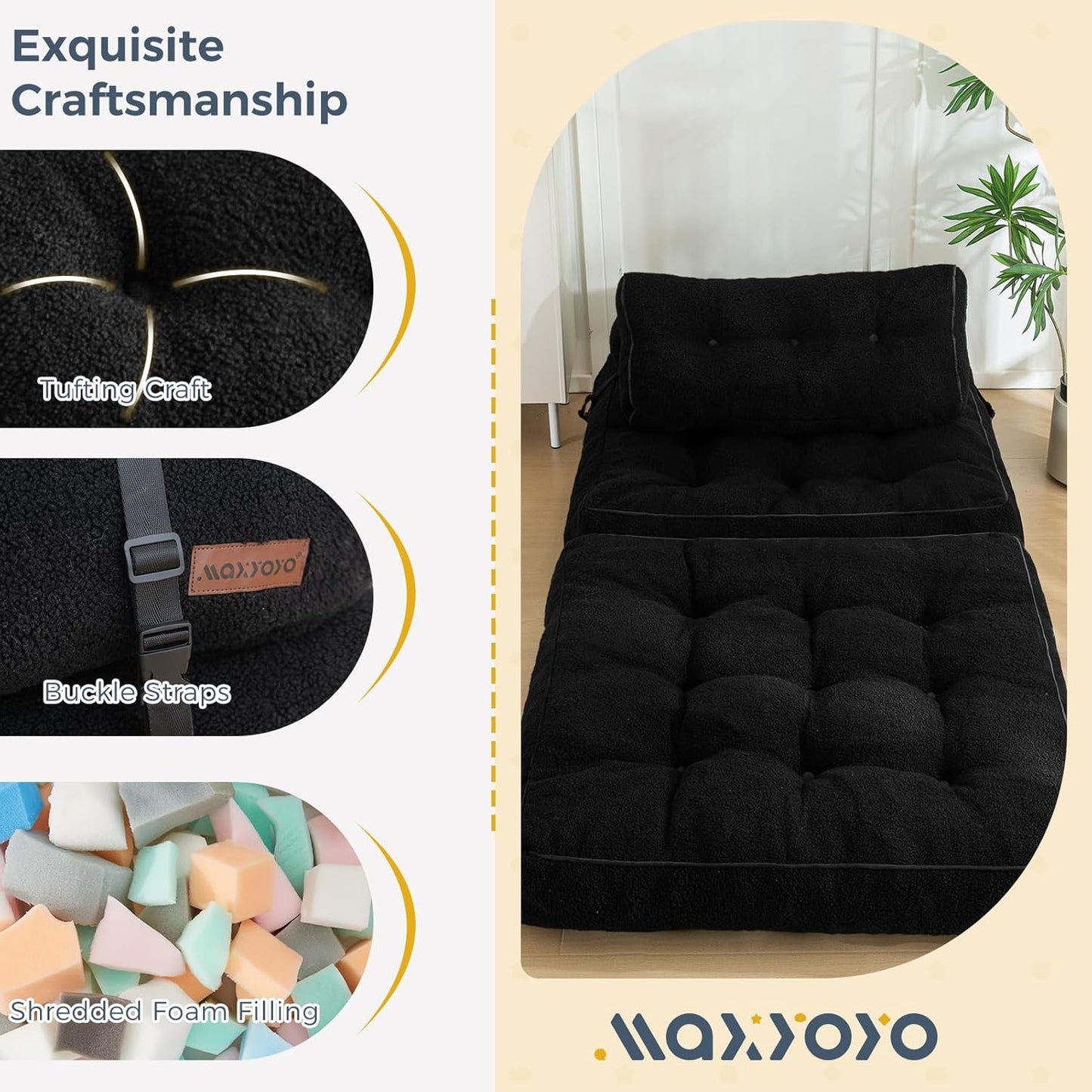 Folding Sofa Bed, Convertible Sleeper Chair with Pillow Foldable Mattress with Back Support, Portable Fold Out Sofa Couch Fuzzy Fabric Comfy Floor Sofa Lounge for Living Room Apartment, Black