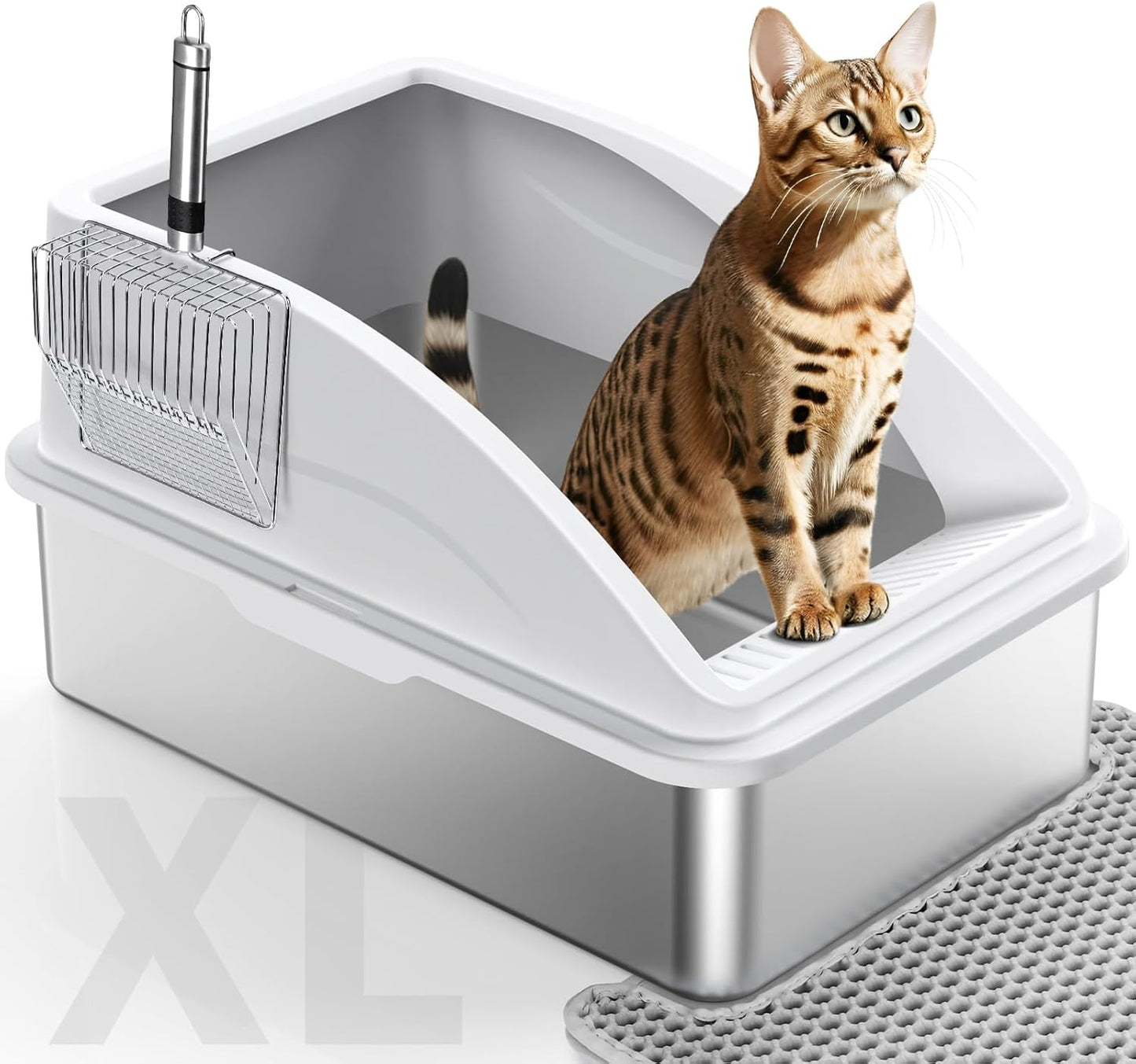 Stainless Steel Cat Litter Box, Extra Large Litter Boxes for Big Cats, Anti-Urine Leakage XL Litter Box with High Sides, Xlarge Metal Litter Box with Lid, Easy Clean, Non-Sticky, Cat Mat & Metal Scoop