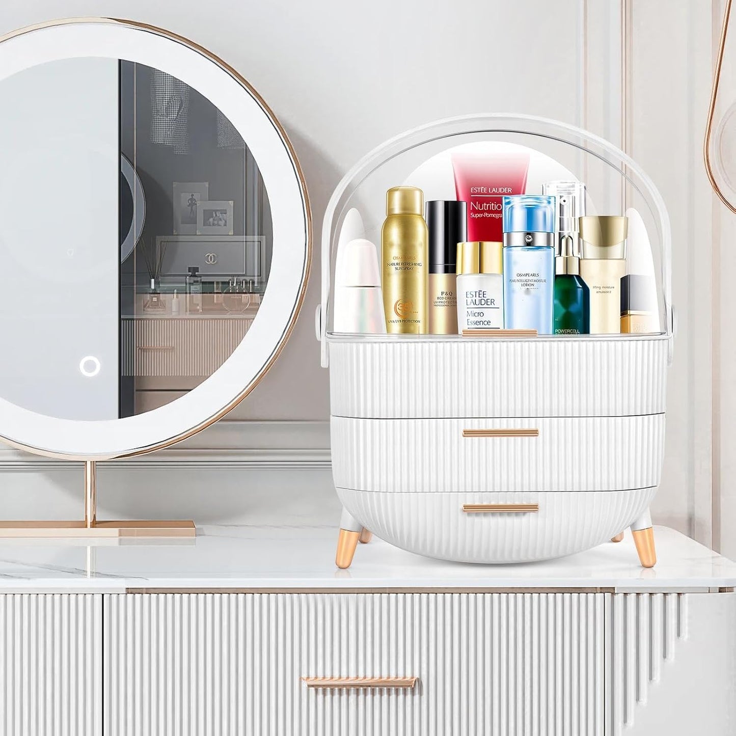 Preppy Makeup Organizers,Skincare Organizer for College Students,Portable Cosmetic Organizer Makeup Caddy for Dorm,Bathroom,Dresser Cosmetic Storage Box. (WHITE)