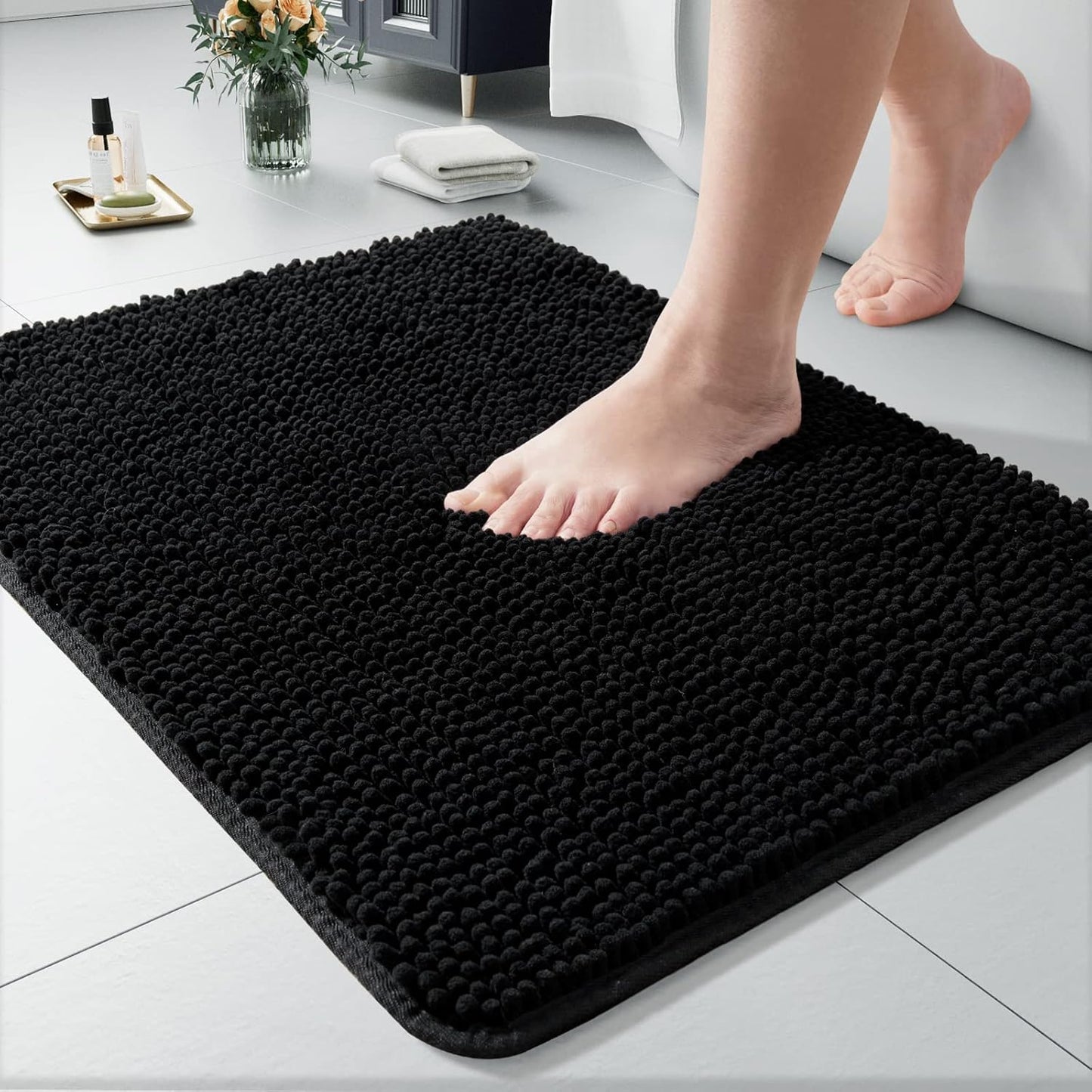 Luxury Bathroom Rug Shaggy Bath Mat 24 x 60 Inch, Washable Non Slip Bath Rugs for Bathroom Shower, Soft Plush Chenille Absorbent Carpets Mats, Black