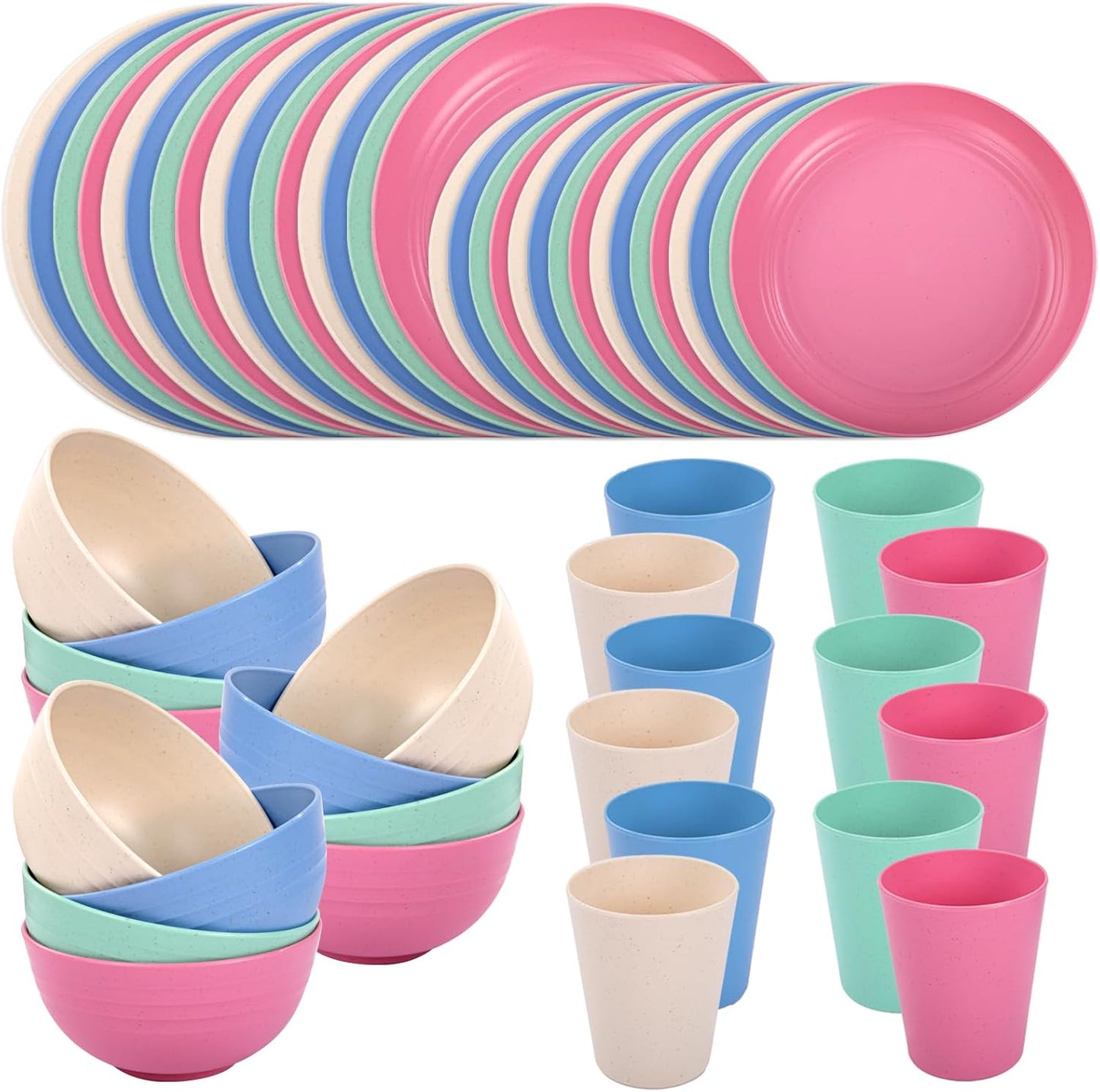 48pcs Grey Straw Dinnerware Set, Plates and Bowls Set, Camping Dish Set for 12, Plastic Dinnerware Set, Dishwasher Safe Dinnerware Set, Unbreakable Plates, Camper Dish Sets, Reusable Tableware