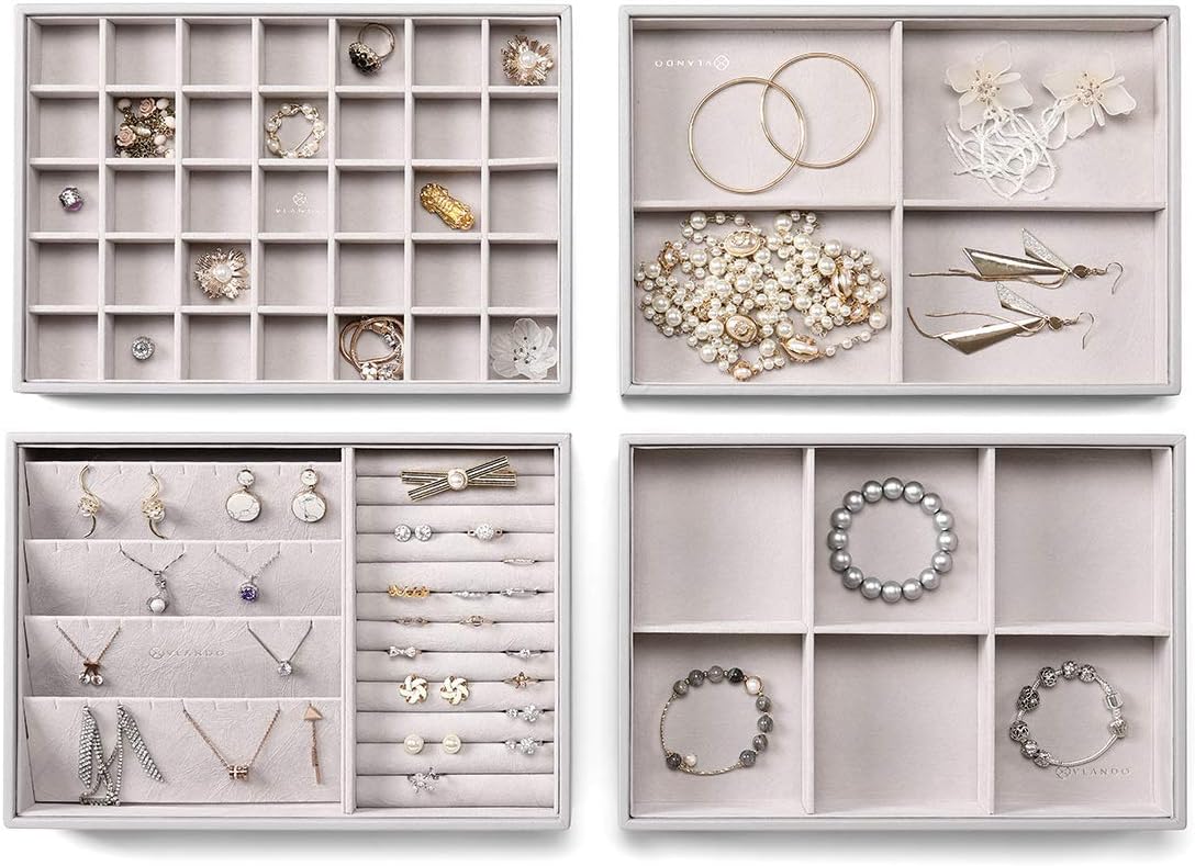 Jewelry Trays Stackable Showcase Display Drawer Organizer Storage Toughened Glass Lid Multi-Purpose Multiple Combinations Large Capacity Multi-Layer Design and Fashion-Grey