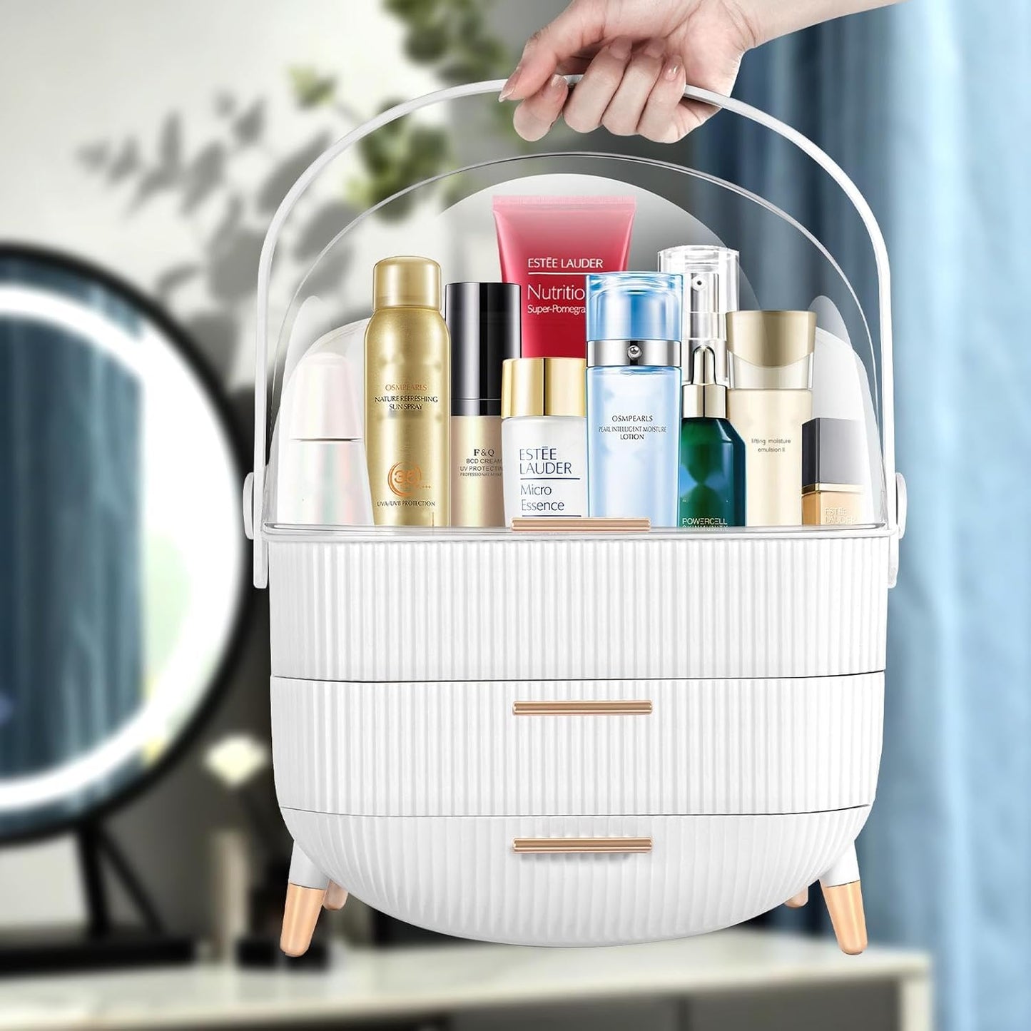 Preppy Makeup Organizers,Skincare Organizer for College Students,Portable Cosmetic Organizer Makeup Caddy for Dorm,Bathroom,Dresser Cosmetic Storage Box. (WHITE)