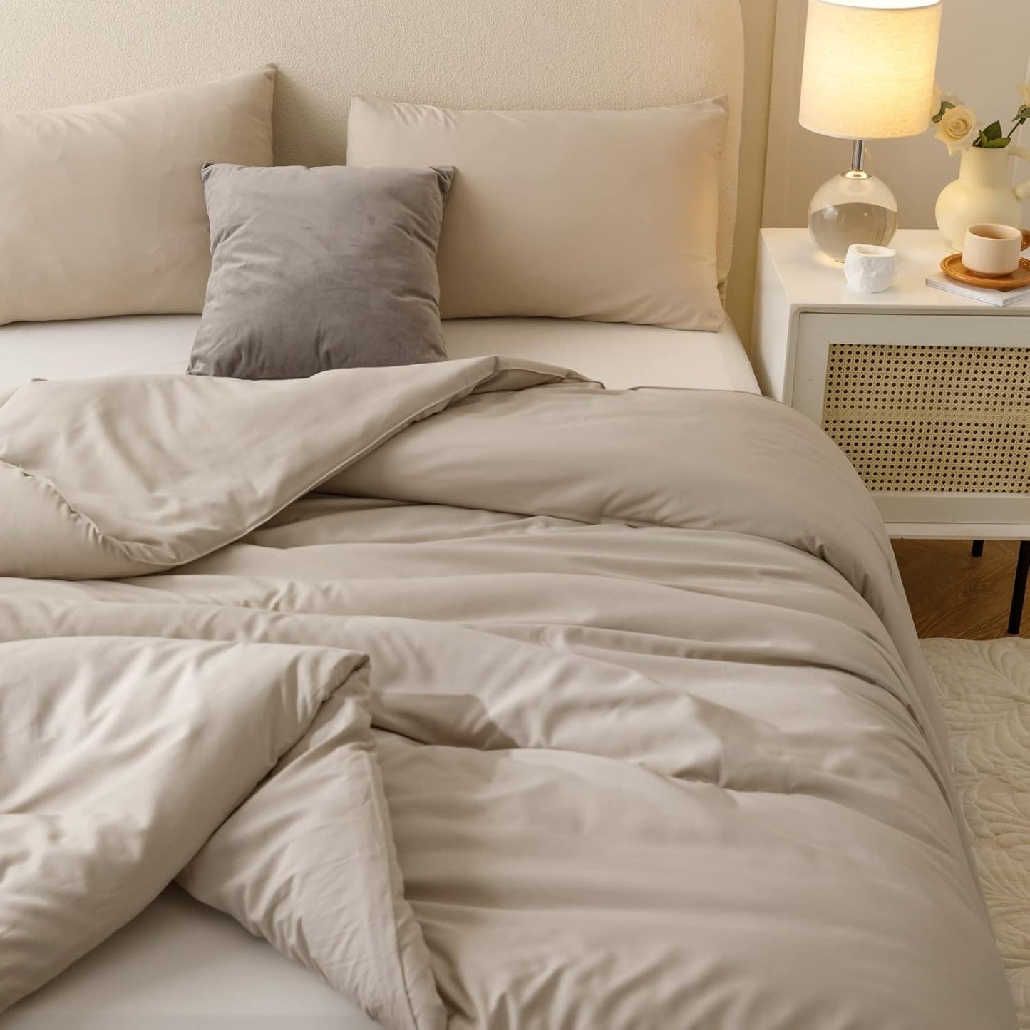 Queen Comforter Set Oatmeal, 3pcs(1 Boho Oatmeal Comforter & 2 Pillowcases) All Season Soft Bedding Lightweight Bedspread Blanket Quilt