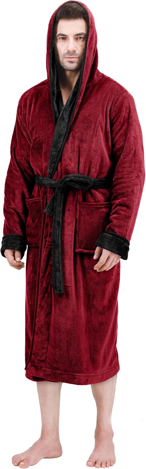 Men's Hooded Fleece Bathrobe Plush Long Spa Robe