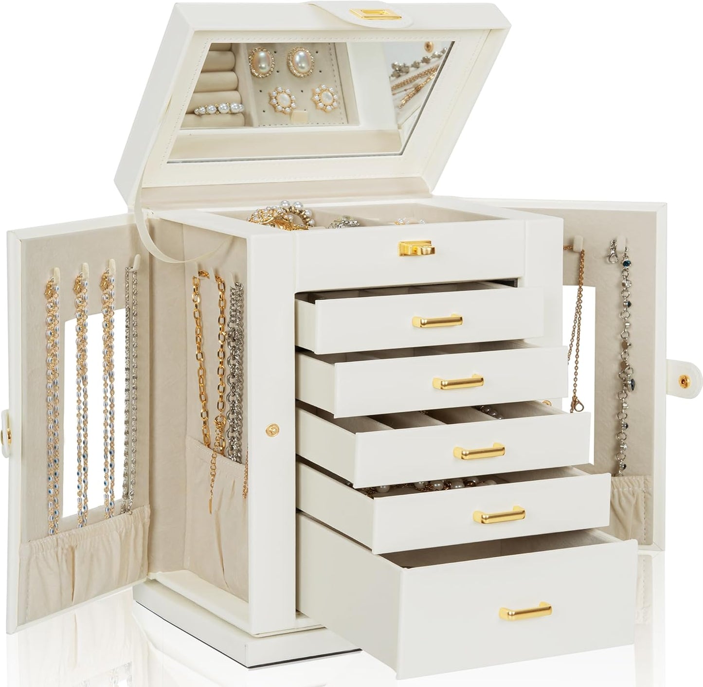 Jewelry Box Organizer Functional Leather Jewelry Storage Case for Women Girls Ring Necklace Earring Bracelet Holder Organizer with Mirror Black