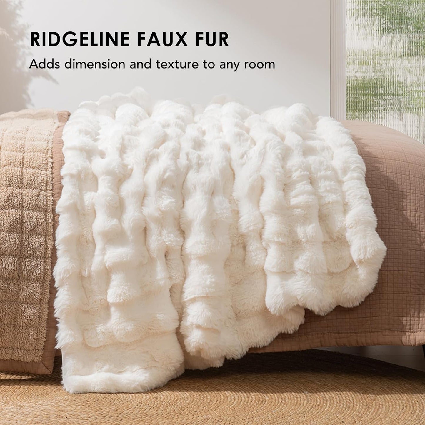Ultra Soft Luxury Fluffy Ridgeline Faux Rabbit Fur Throw Blanket, Thick Warm Bubble Throw for Bed, Cozy Plush Reversible Blankets for Couch, Chair, Sofa, Ivory White, 60x80 Inches, 870 GSM