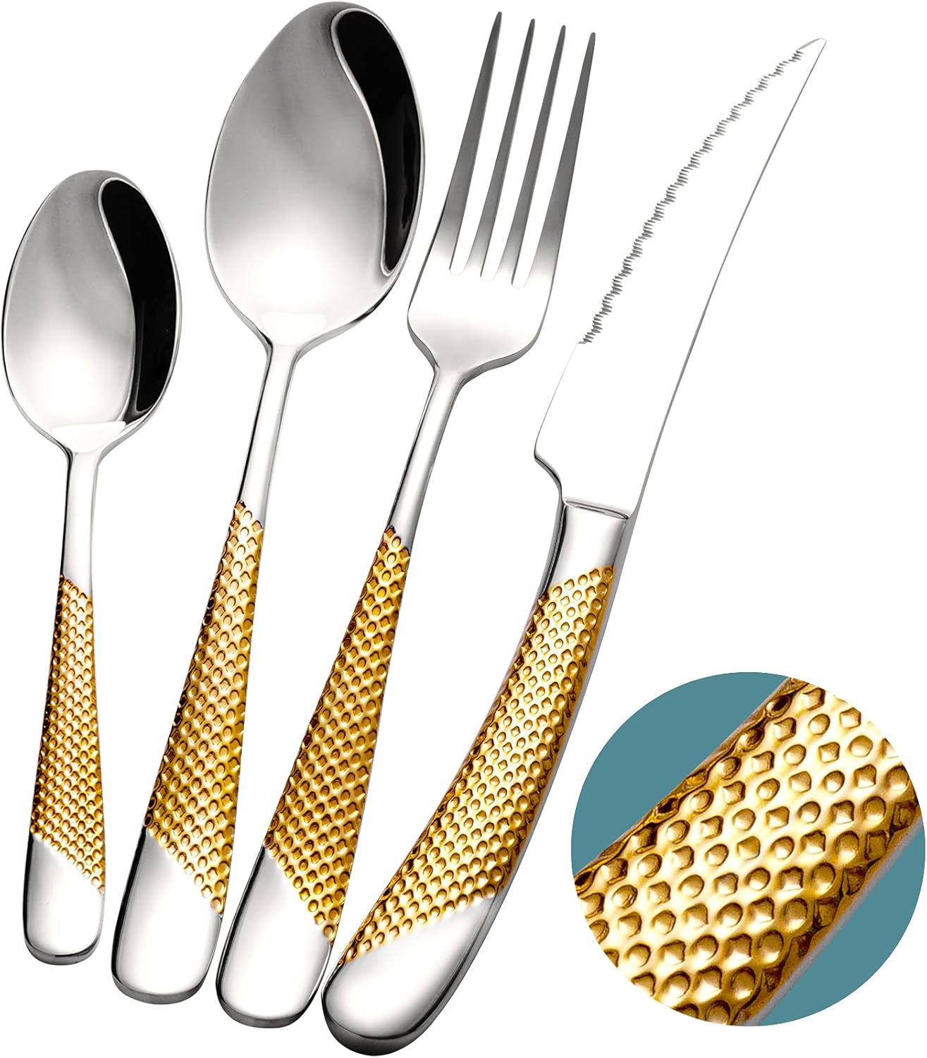 16-Piece Modern Hammered Cutlery Set with Ultra Sharp 2-in-1 Serrated Knife, 18/10 Stainless Steel Silverware Set, Flatware Set Service for 4, Tableware Utensil Set, Forks Spoons Knives Set