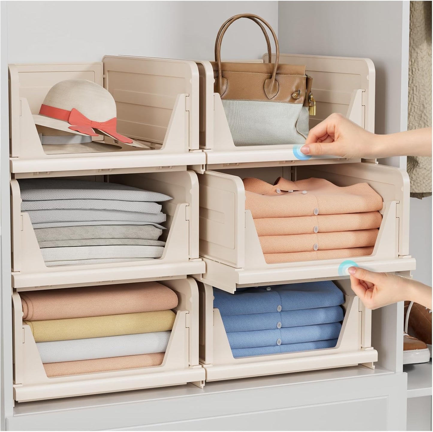 5 Pack Folding Closet Organizers Storage Box, Stackable Plastic Storage Basket, Closet Organizers and Storage Drawer Shelf Storage, Storage Container for Cupboard Kitchen Bathroom, White