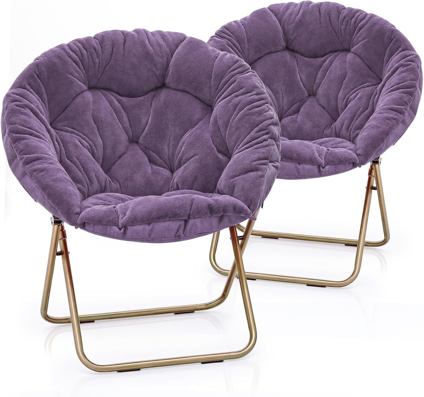 Round Folding Faux Fur Saucer Chair for Bedroom Living Room Dorm Foldable Metal Frame Oversized Large Comfy Furry Padded Soft Lounge Lazy Cozy Moon Chair for Adults (Beige, 2 Pieces)