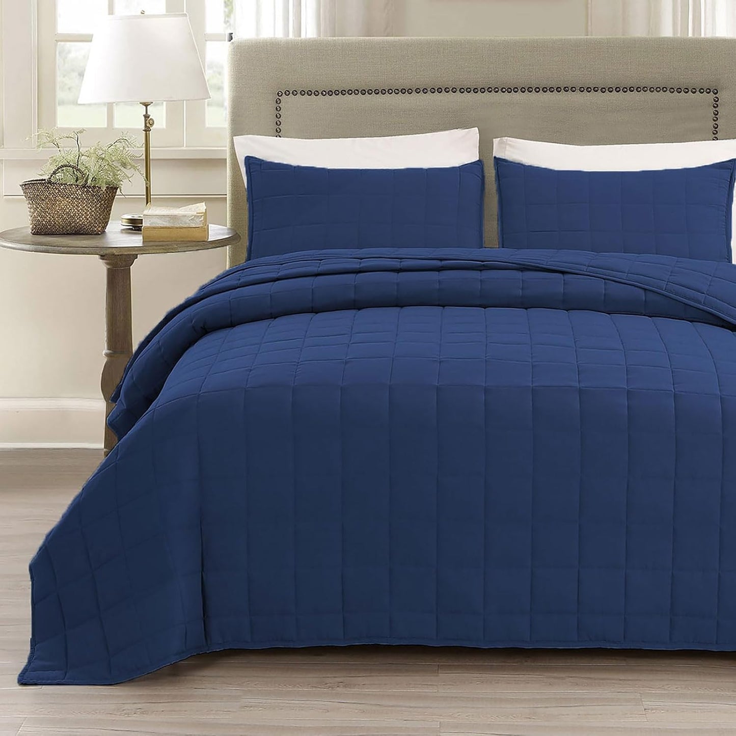 Twin Size Bedding Sets Navy Blue Bedspread Soft Pre-Washed Quilt Winter Bed Sets, 2 Piece, Cozy Reversible Microfiber Bed Coverlet with Pillow Sham (Square Pattern,66"x90")