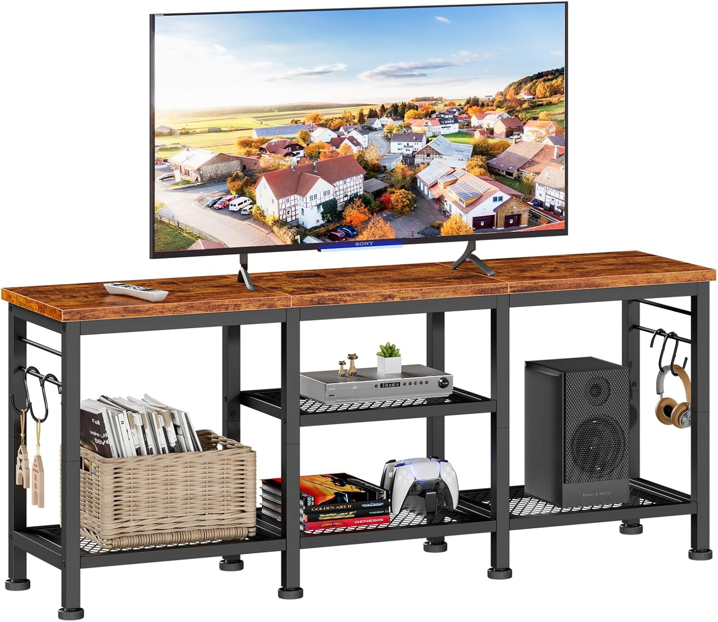 TV Stand for TVs up to 55 Inch, Entertainment Center with Open Storage Shelves, TV Media Console Table with Soundbar Shelf for Living Room, Bedroom, Rustic Brown