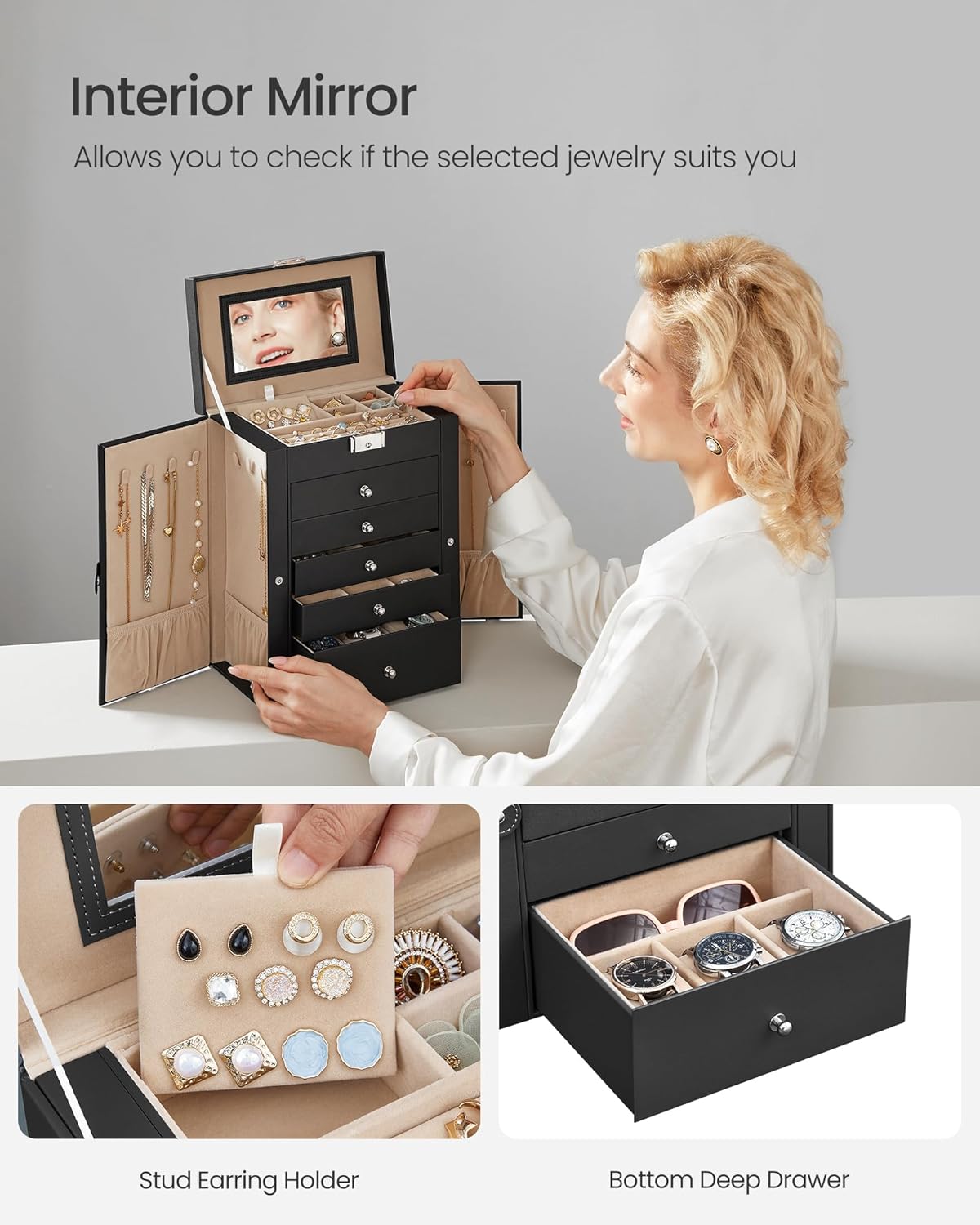 6 Tier Jewelry Box, Jewelry Storage Organizer with 5 Drawers, Large Storage Capacity, with Mirror, Lockable, Jewelry Case, Gift for Loved Ones, For Watches, Black UJBC152B01