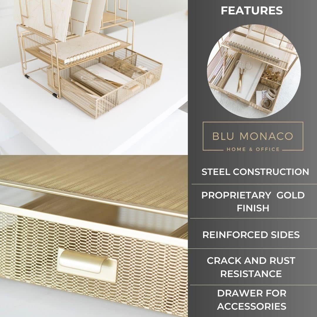 Gold Desk Organizer – Cute File Holder for Desk & Drawer Storage for Office Supplies, Paper, Devices & Folders