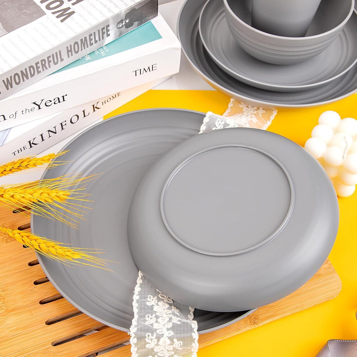 48pcs Grey Straw Dinnerware Set, Plates and Bowls Set, Camping Dish Set for 12, Plastic Dinnerware Set, Dishwasher Safe Dinnerware Set, Unbreakable Plates, Camper Dish Sets, Reusable Tableware