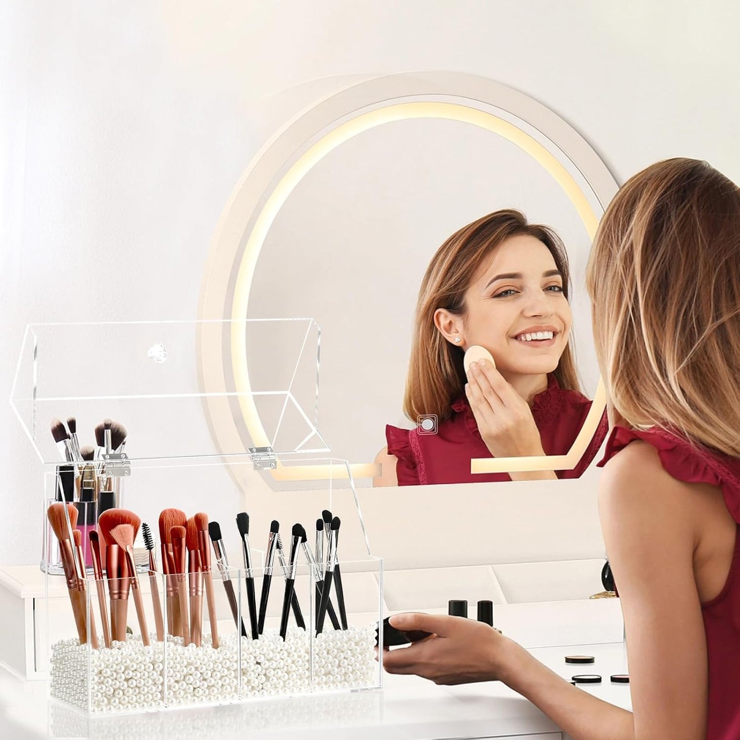 Acrylic Makeup Organizer, Clear Cosmetic Brush Storage Box With 4 Brush Holders,Makeup Brush Holder with Dust Cover, Large-capacity Split Design Can Quickly Organize the Desktop(No pearls)