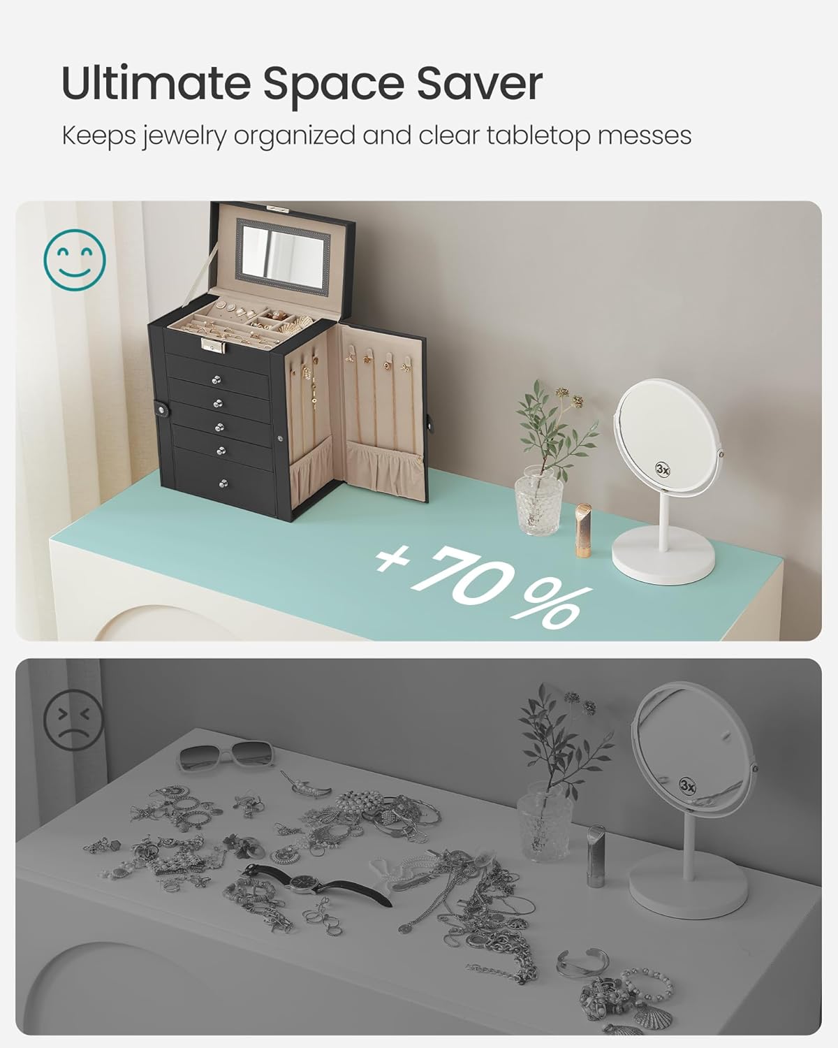 6 Tier Jewelry Box, Jewelry Storage Organizer with 5 Drawers, Large Storage Capacity, with Mirror, Lockable, Jewelry Case, Gift for Loved Ones, For Watches, Black UJBC152B01