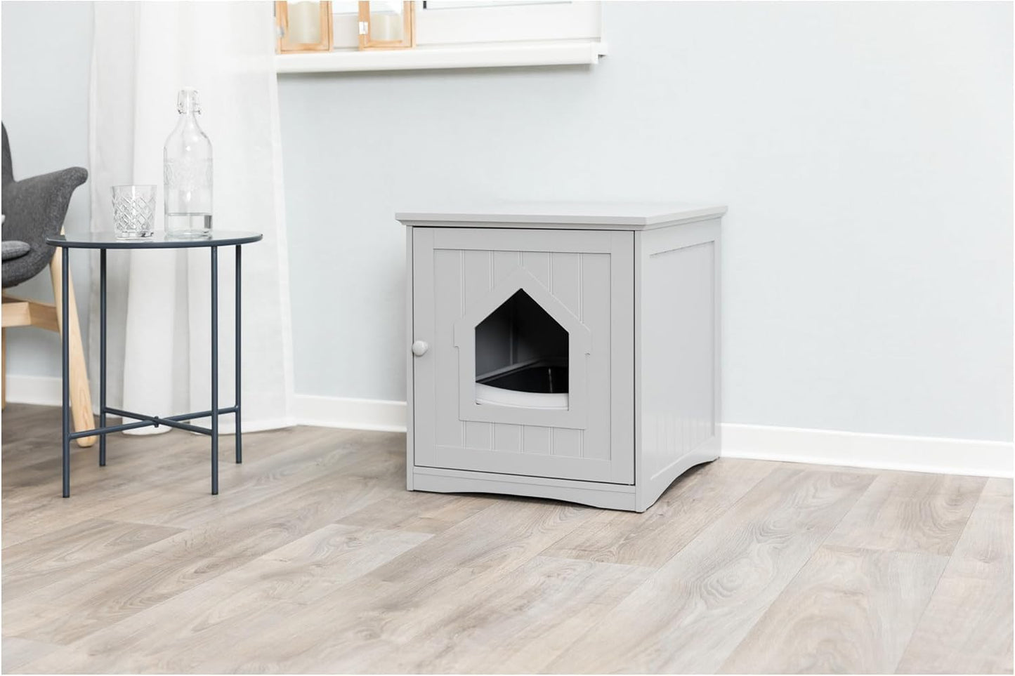 Small Furniture Litter Box Enclosure (Gray), Hidden Litter Box for Cats, Classic Style & Big Front Door for Easy Cleaning, Large Hole for Convenient Entry, Use As Side Table or Nightstand