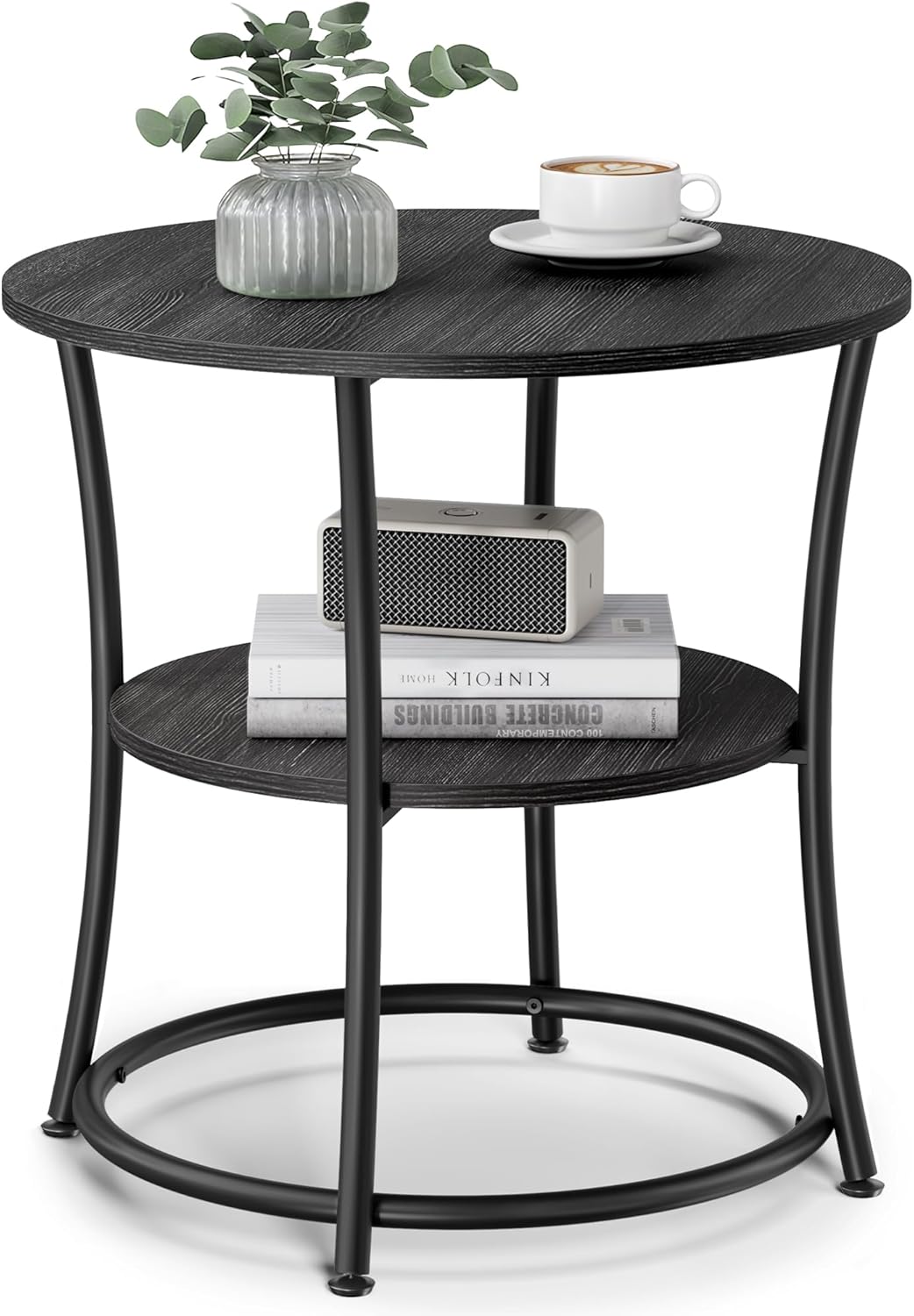 Side Table, Round End Table with 2 Storage Shelves for Living Room, Bedroom, Nightstand with Steel Frame for Small Spaces, Accent Coffee Table, Greige and Ink Black
