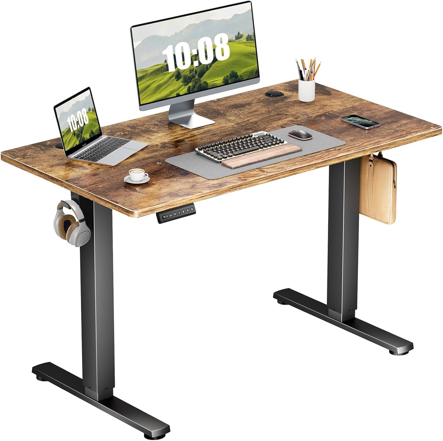 Electric Adjustable Height Standing Desk - 40 x 24 inch Sit to Stand Up Desk with Splice Board, Rising Home Office Computer Table with 2 Hook and Wire Hole for Work