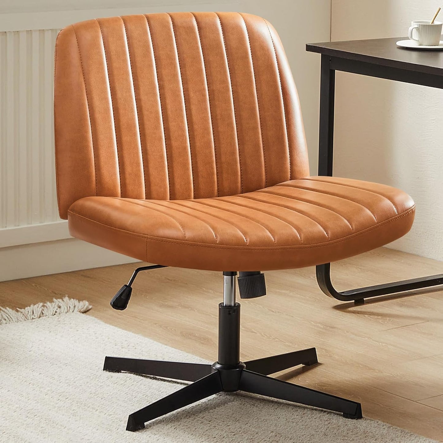 Criss Cross Chair Legged, Armless Office Desk Chair No Wheels, Swivel Vanity Chair, Height Adjustable Wide Seat Computer Task Chair, Fabric Vanity Modern Home Chair Blue