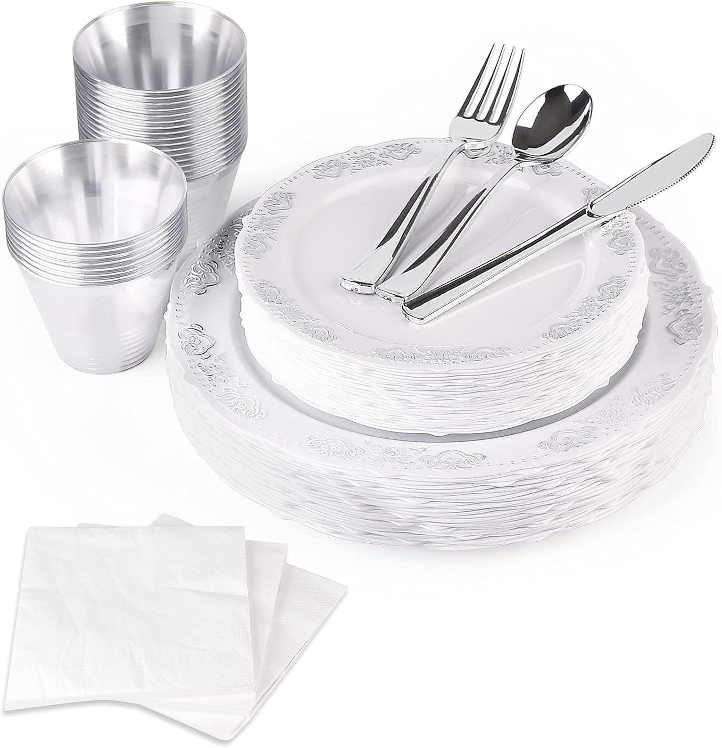 175 Pieces Silver White Dinnerware Set For 25 Guest Disposable Tableware Plastic Cutlery 5-Sets, With 12oz Cups, Knife, Fork, Spoon, Dinner Paper Each 25 Pieces For Wedding, Birthday, Party