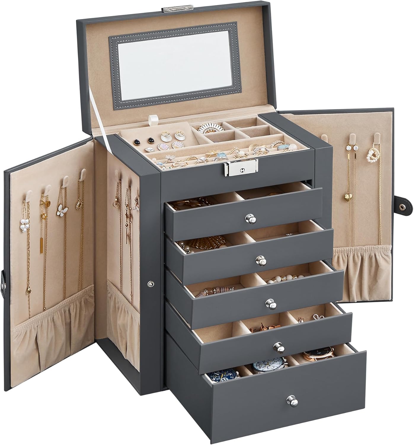 6 Tier Jewelry Box, Jewelry Storage Organizer with 5 Drawers, Large Storage Capacity, with Mirror, Lockable, Jewelry Case, Gift for Loved Ones, For Watches, Black UJBC152B01