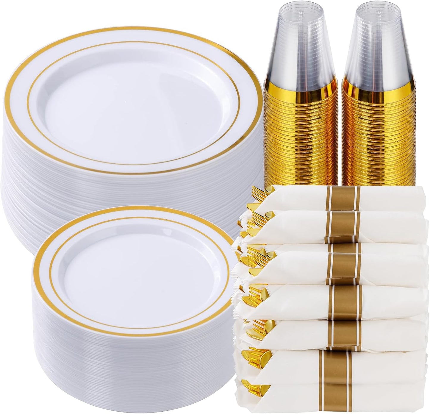350 Piece Silver Plastic Dinnerware Set for 50 Guests, Fancy Disposable Plates for Party, Include: 50 Dinner Plates, 50 Dessert Plates, 50 Pre Rolled Napkins with Silver Silverware, 50 Cups