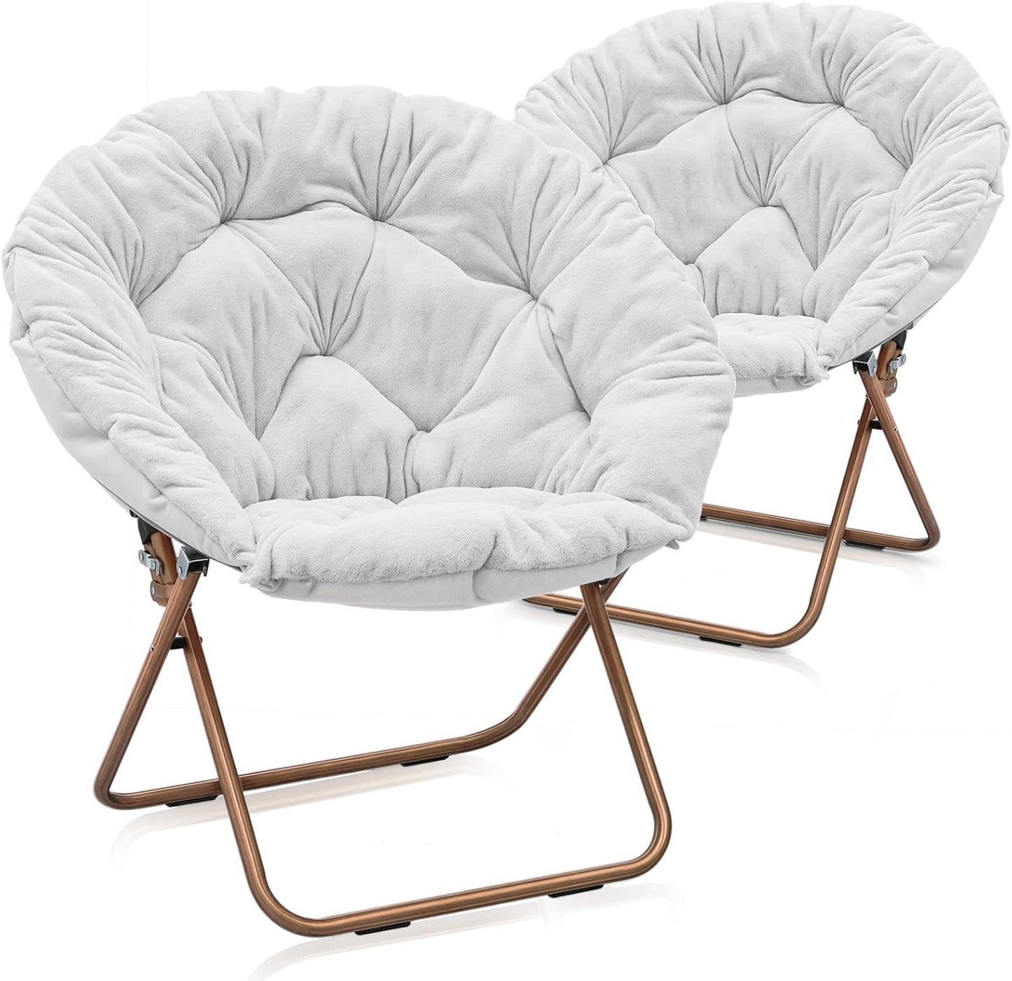Round Folding Faux Fur Saucer Chair for Bedroom Living Room Dorm Foldable Metal Frame Oversized Large Comfy Furry Padded Soft Lounge Lazy Cozy Moon Chair for Adults (Beige, 2 Pieces)