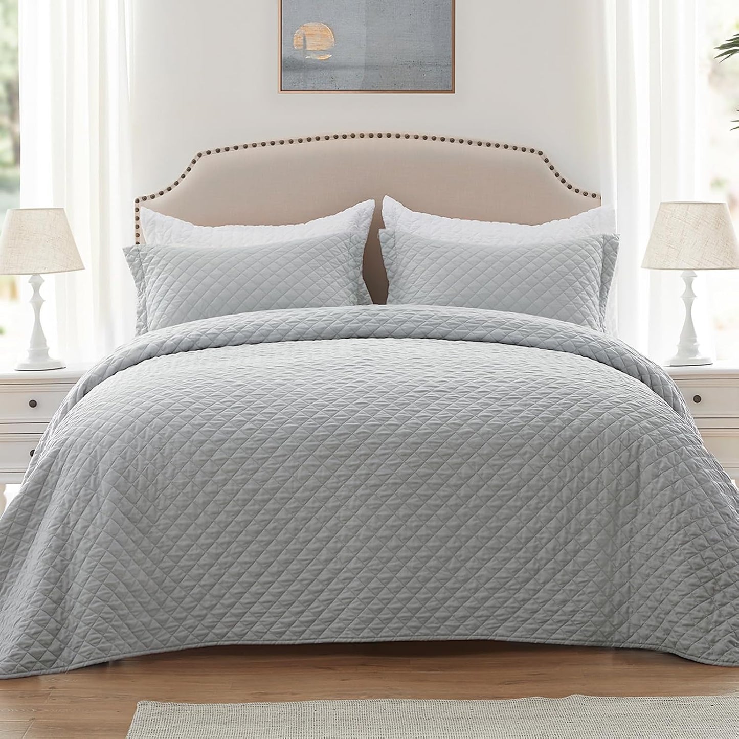 Quilt Set King Olive Green Lightweight Bedspread Soft Reversible Coverlet for All Season 3pcs Army Green Diamond Quilted Bedding Sets (1 Quilt 2 Pillow Shams)(106"x96")