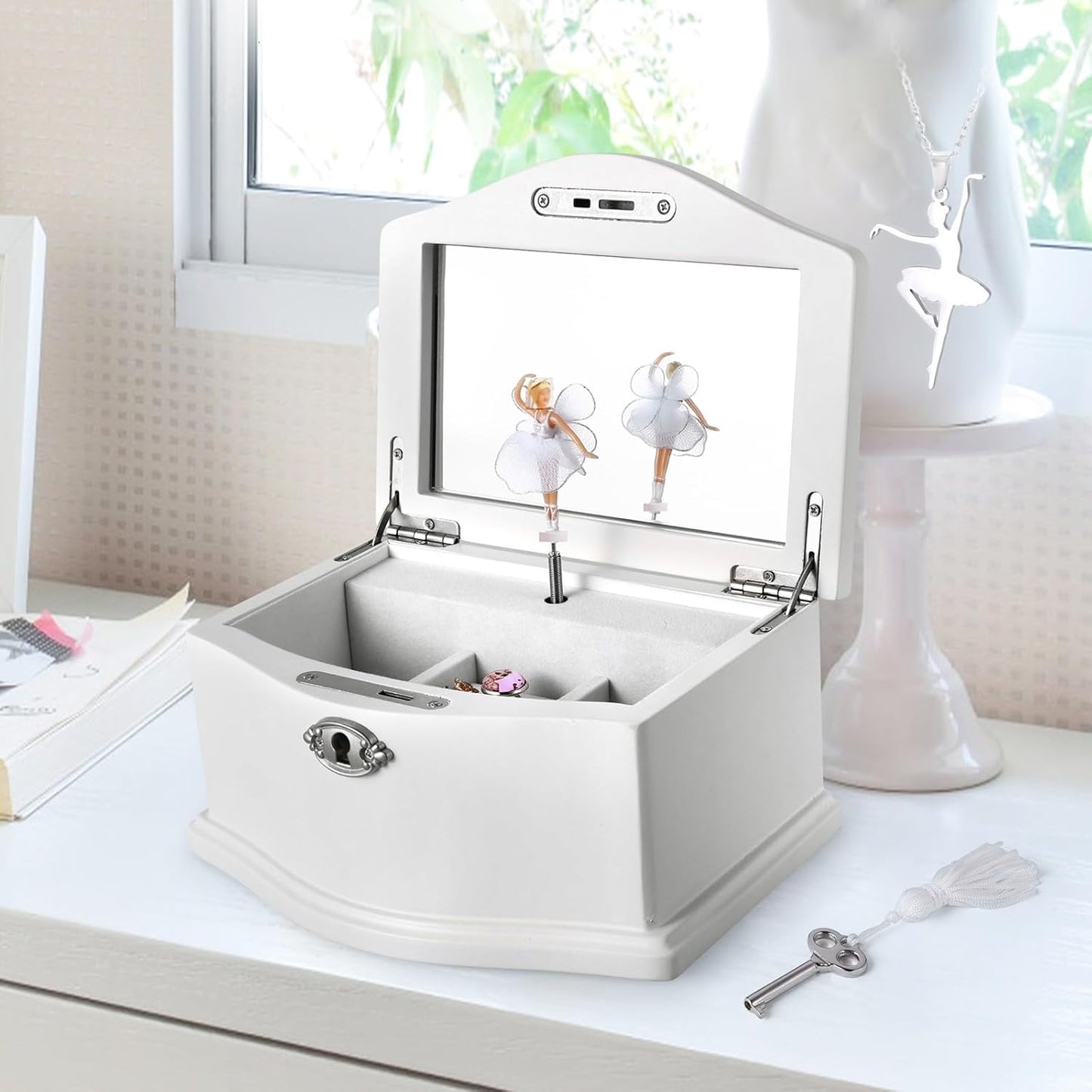 Wooden Ballerina Medium White Musical Jewelry Box with Mirror and Lock for girls,Kid's Jewelry Storage Music Box,Gift for Holidays