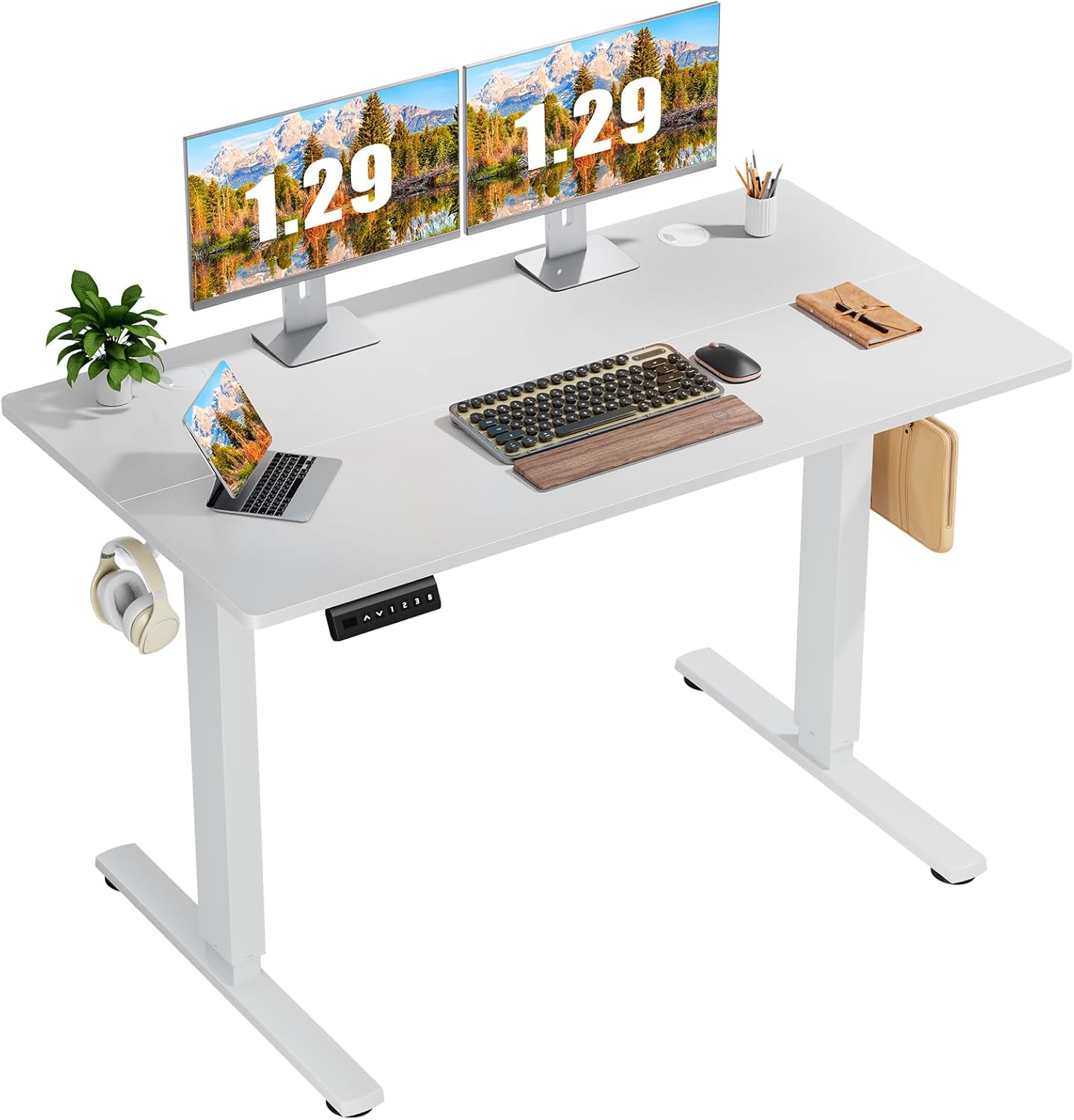 Electric Adjustable Height Standing Desk - 40 x 24 inch Sit to Stand Up Desk with Splice Board, Rising Home Office Computer Table with 2 Hook and Wire Hole for Work