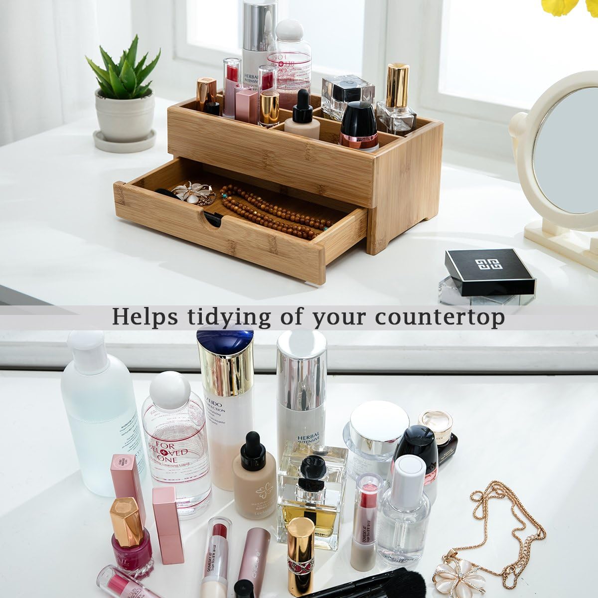 Bamboo Makeup Organizers and Storage with Drawer - Wooden Cosmetic Organizer Countertop for Bathroom, Bedroom, Closet, Kitchen, Vanity & Dresser - Make up Vanity Station