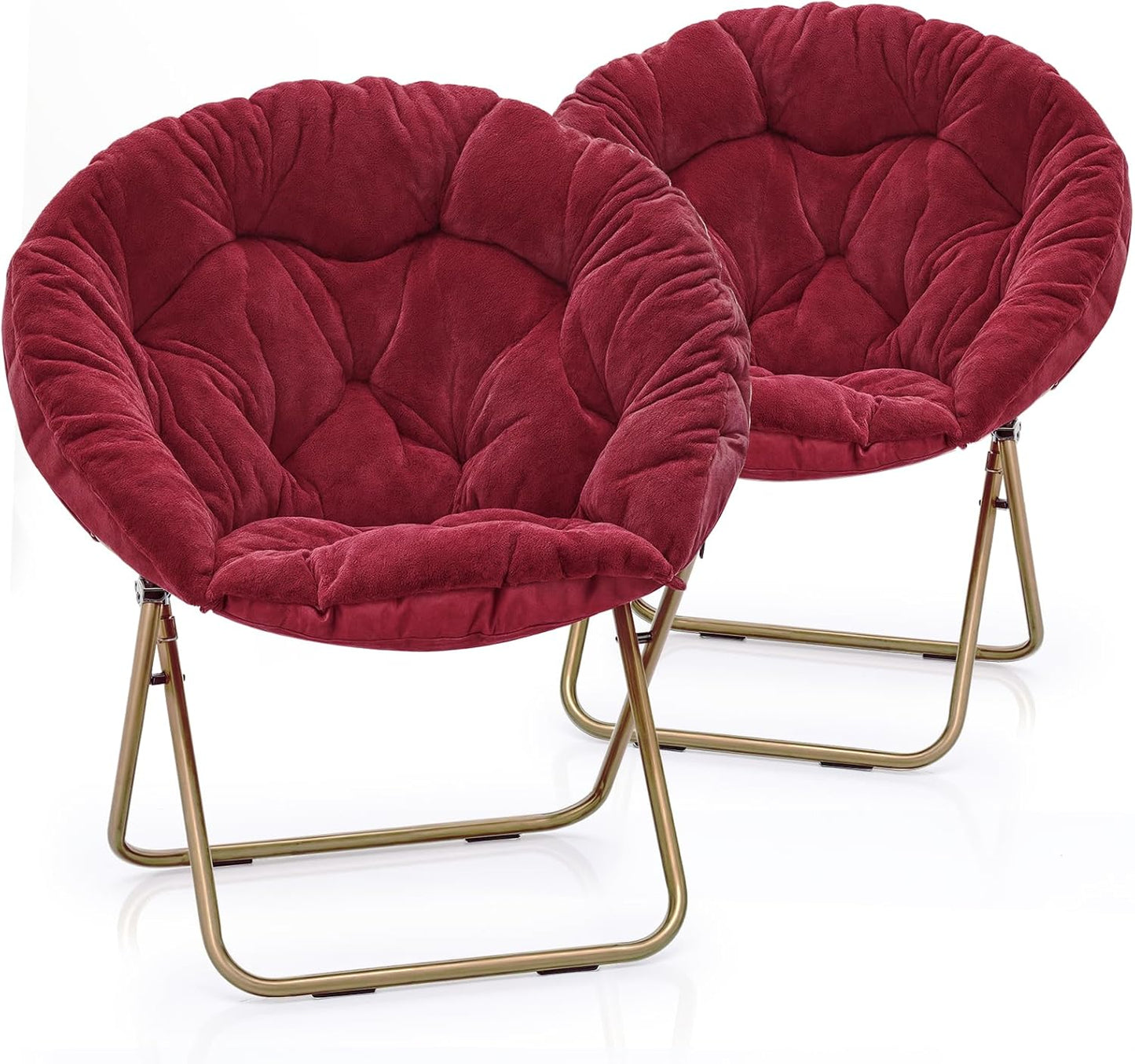 Round Folding Faux Fur Saucer Chair for Bedroom Living Room Dorm Foldable Metal Frame Oversized Large Comfy Furry Padded Soft Lounge Lazy Cozy Moon Chair for Adults (Beige, 2 Pieces)