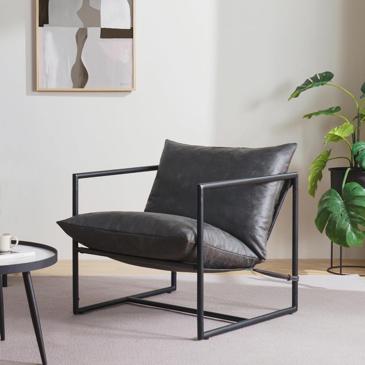 Aidan Sling Accent Chair, Metal Framed Armchair with Shredded Foam Cushioning, Oatmeal