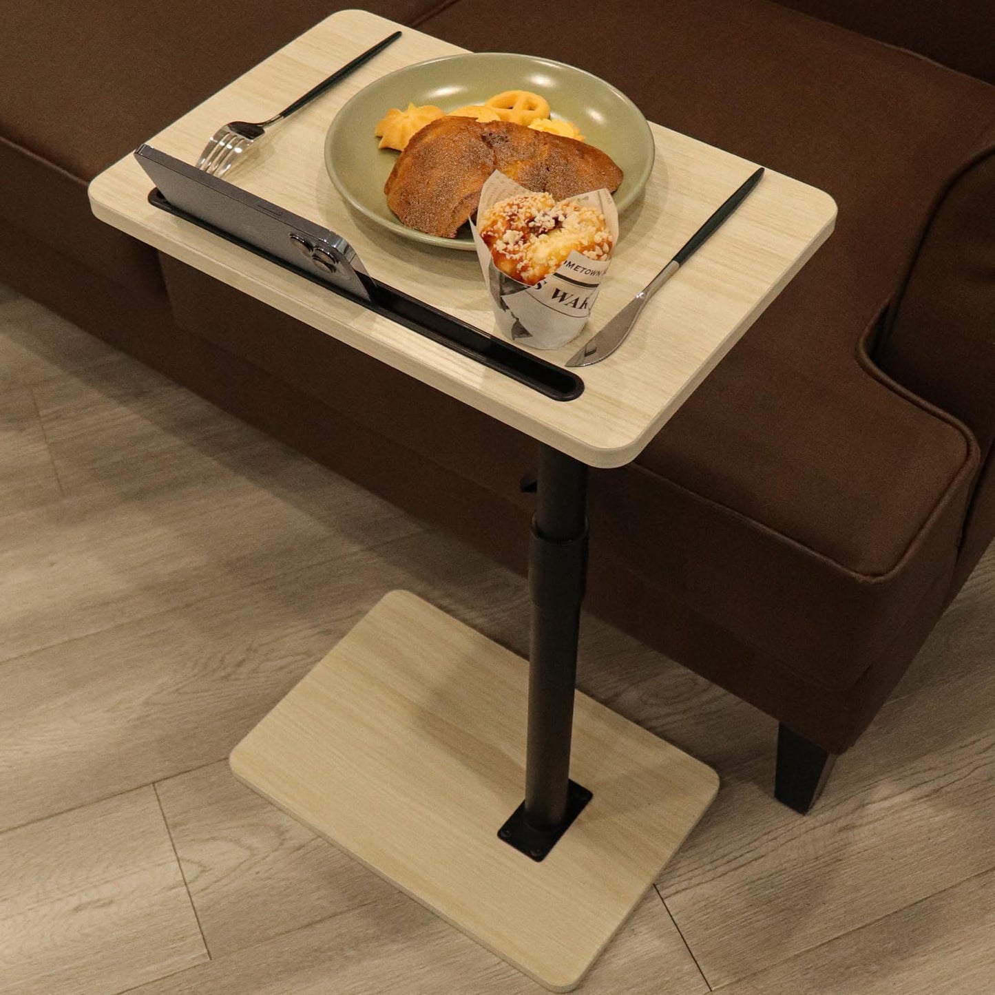 Sofa Armrest Tray Table for Couch - 360° Swivel Height Adjustable End for Small Spaces, Snack Side Table for Bed or Chair with Phone & Tablet Slot (Rustic,Standard)