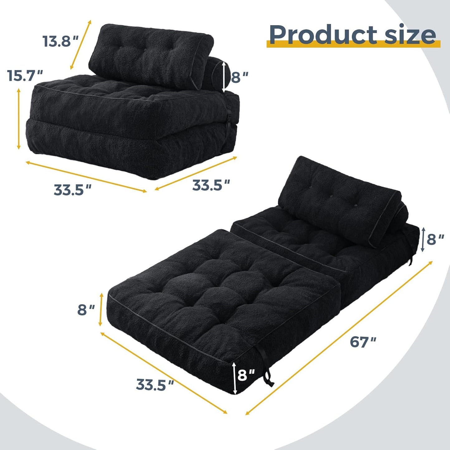 Folding Sofa Bed, Convertible Sleeper Chair with Pillow Foldable Mattress with Back Support, Portable Fold Out Sofa Couch Fuzzy Fabric Comfy Floor Sofa Lounge for Living Room Apartment, Black