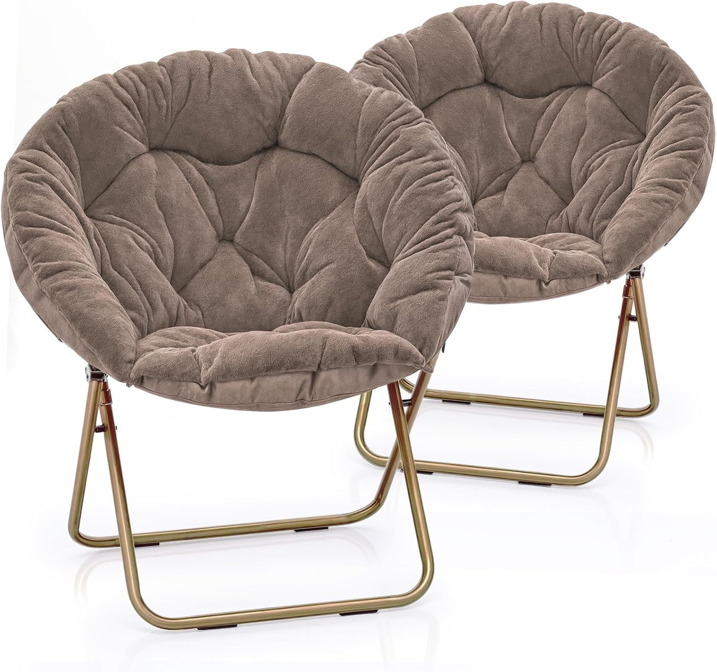 Round Folding Faux Fur Saucer Chair for Bedroom Living Room Dorm Foldable Metal Frame Oversized Large Comfy Furry Padded Soft Lounge Lazy Cozy Moon Chair for Adults (Beige, 2 Pieces)