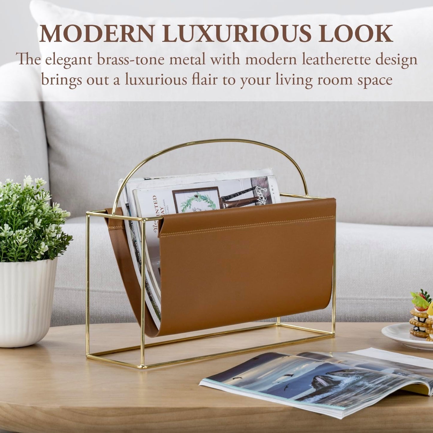 15 Inch Mid Century Modern Magazine Holder with Brass Tone Metal Frame and Caramel Brown Leatherette Sling, Freestanding Storage Organizer Newspaper Rack